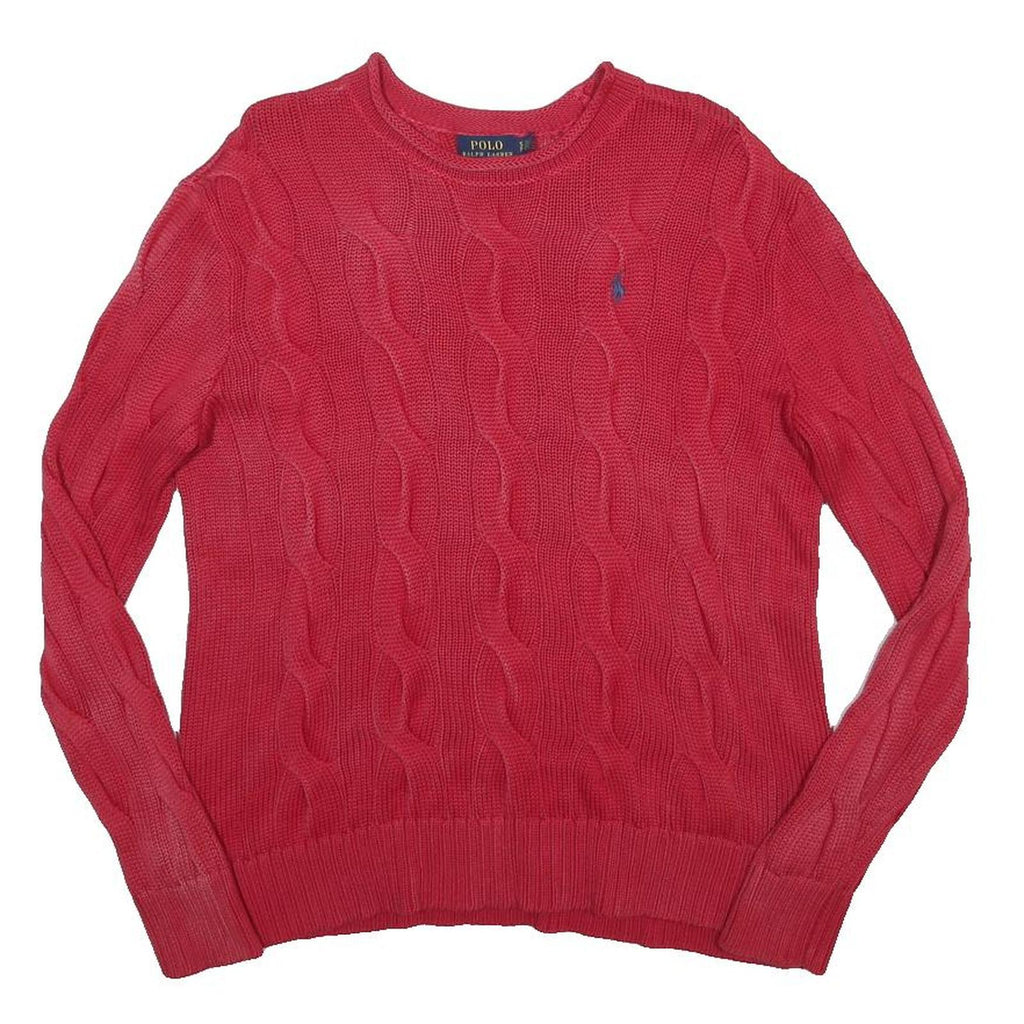 POLO RALPH LAUREN Womens Red Cable Knit Cotton Jumper Crew Neck S Lightweight