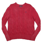 POLO RALPH LAUREN Womens Red Cable Knit Cotton Jumper Crew Neck S Lightweight
