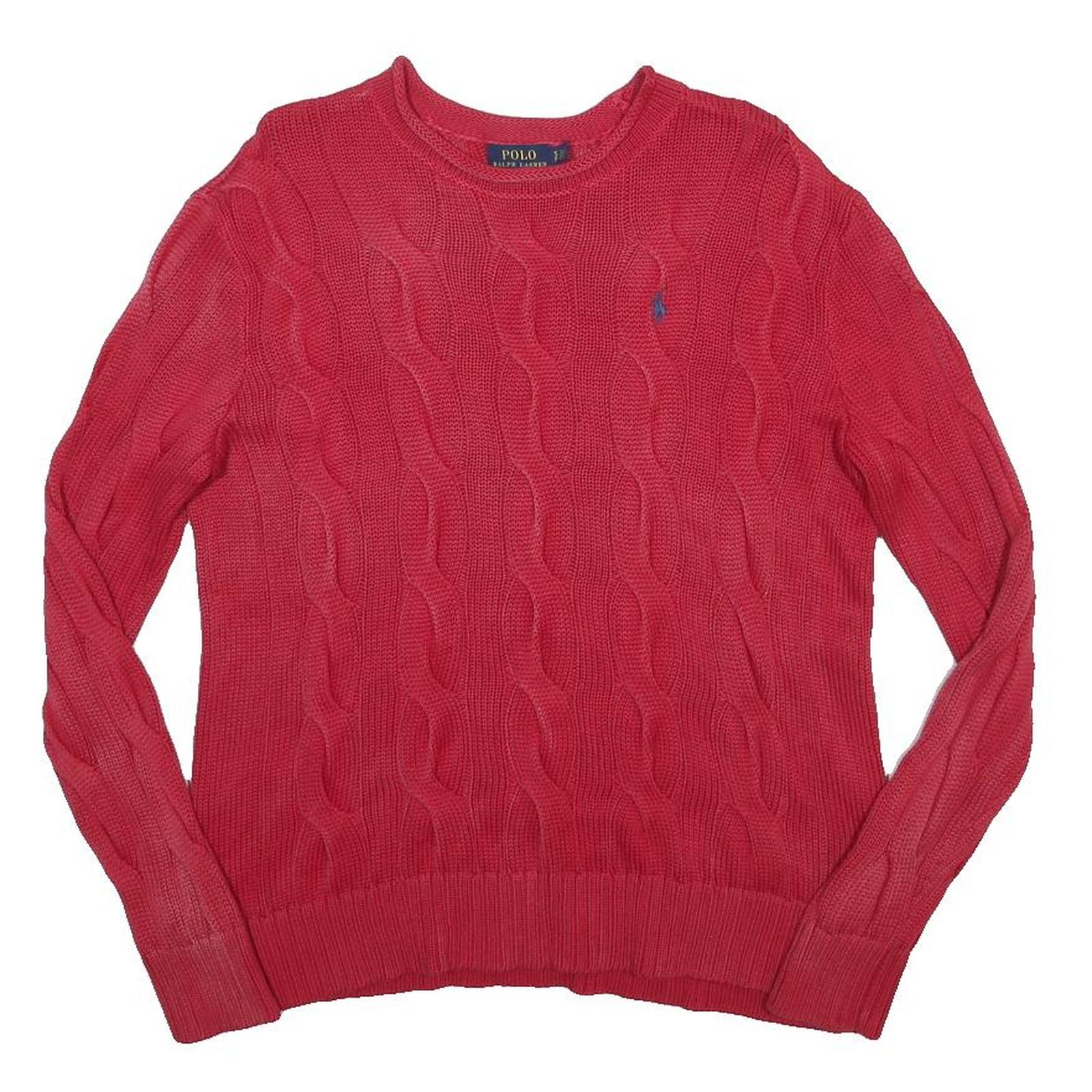POLO RALPH LAUREN Womens Red Cable Knit Cotton Jumper Crew Neck S Lightweight