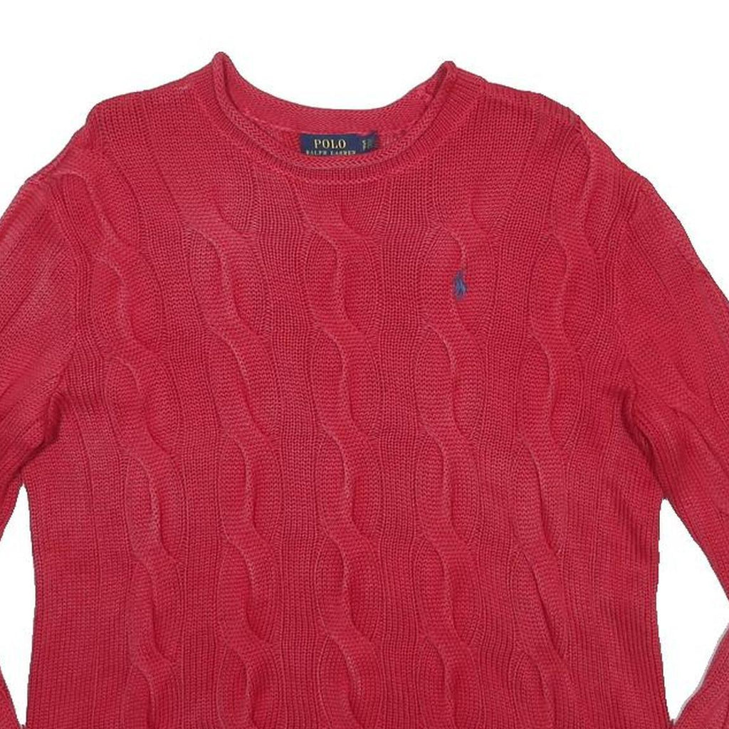 POLO RALPH LAUREN Womens Red Cable Knit Cotton Jumper Crew Neck S Lightweight