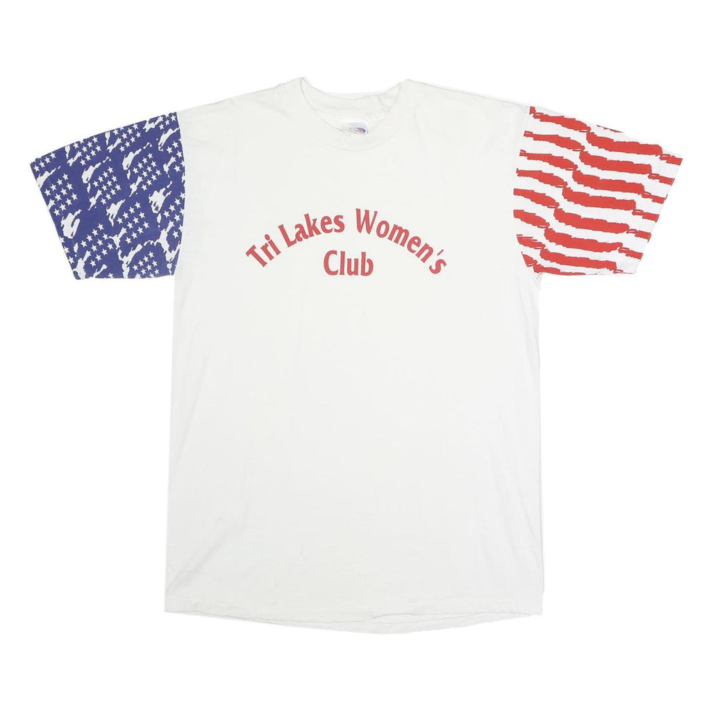LAT SPORT Mens White Red & Blue Graphic T-Shirt L Short Sleeve Crew Neck Tri