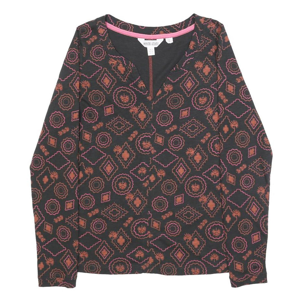 WHITE STUFF Womens Black & Orange Printed Cotton Top Long Sleeve V-Neck UK 8