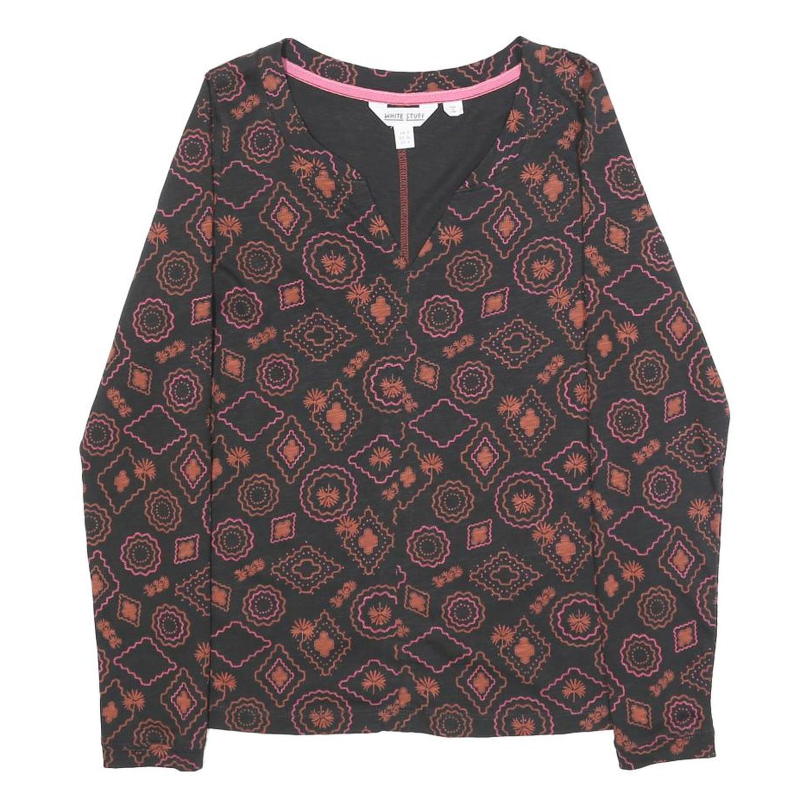 WHITE STUFF Womens Black & Orange Printed Cotton Top Long Sleeve V-Neck UK 8