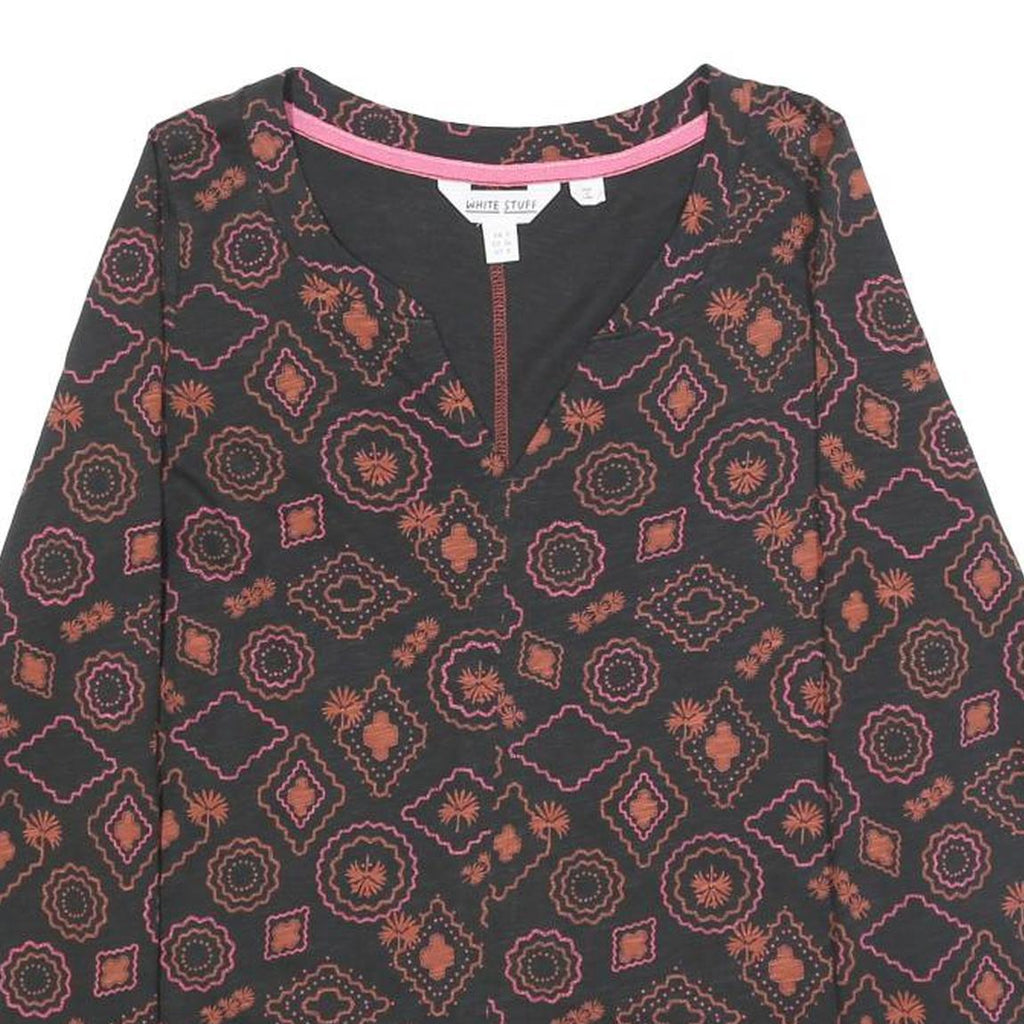 WHITE STUFF Womens Black & Orange Printed Cotton Top Long Sleeve V-Neck UK 8