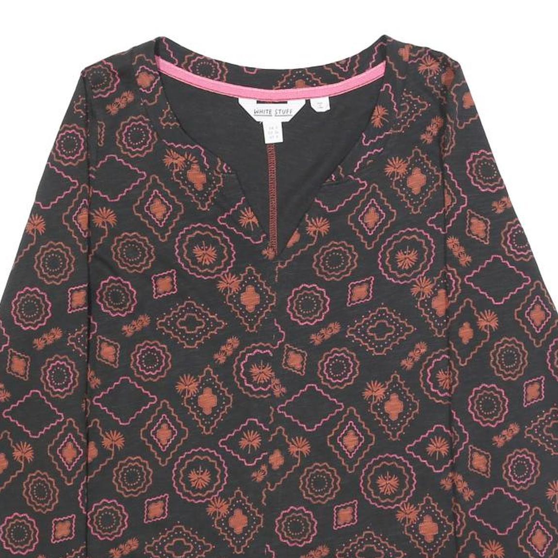 WHITE STUFF Womens Black & Orange Printed Cotton Top Long Sleeve V-Neck UK 8