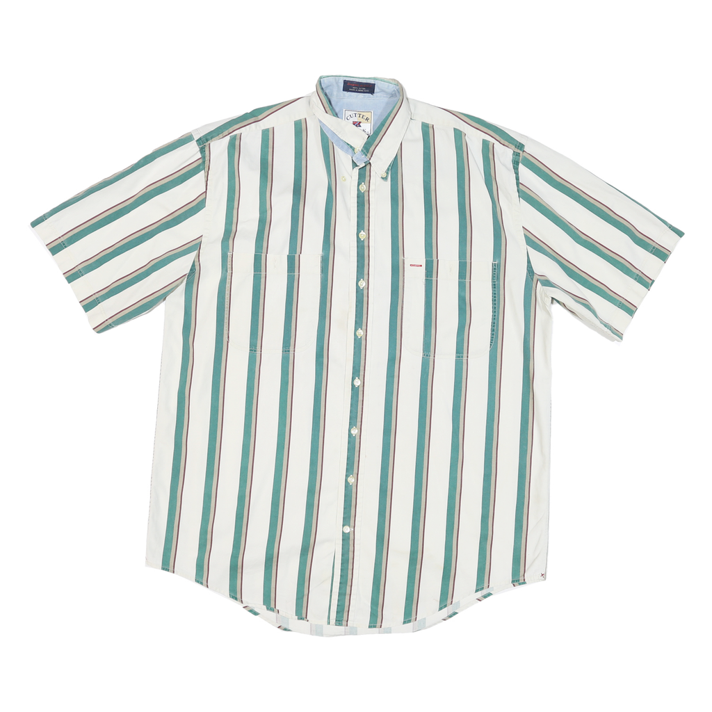 CUTTLE & BUCK Mens White & Green Stripe Button Down Shirt L Casual Cotton Blend