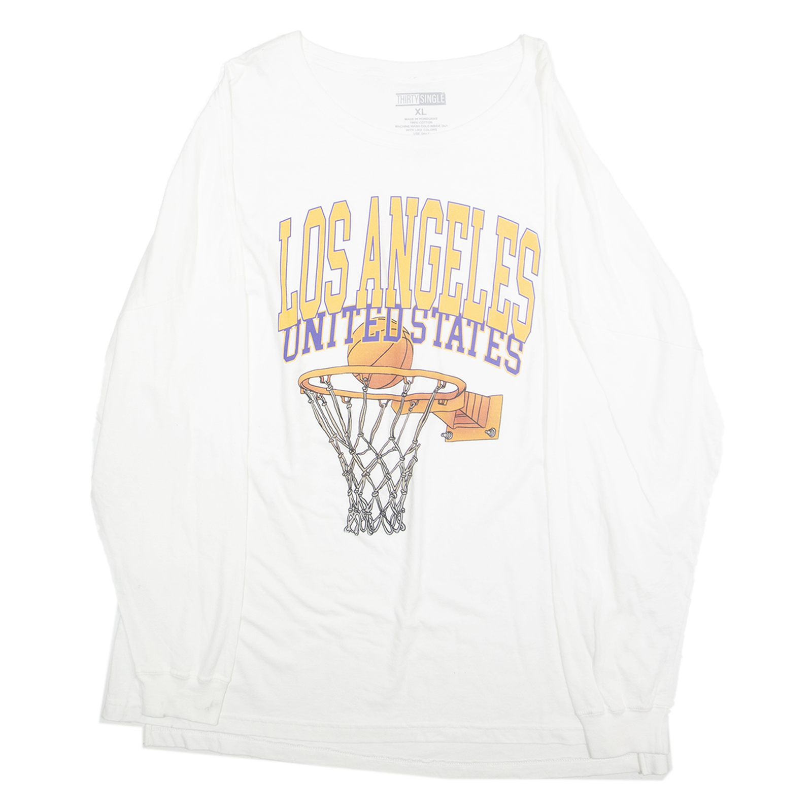 THIRTY SINGLE Mens White Los Angeles Basketball Graphic Long Sleeve Crew Neck XL