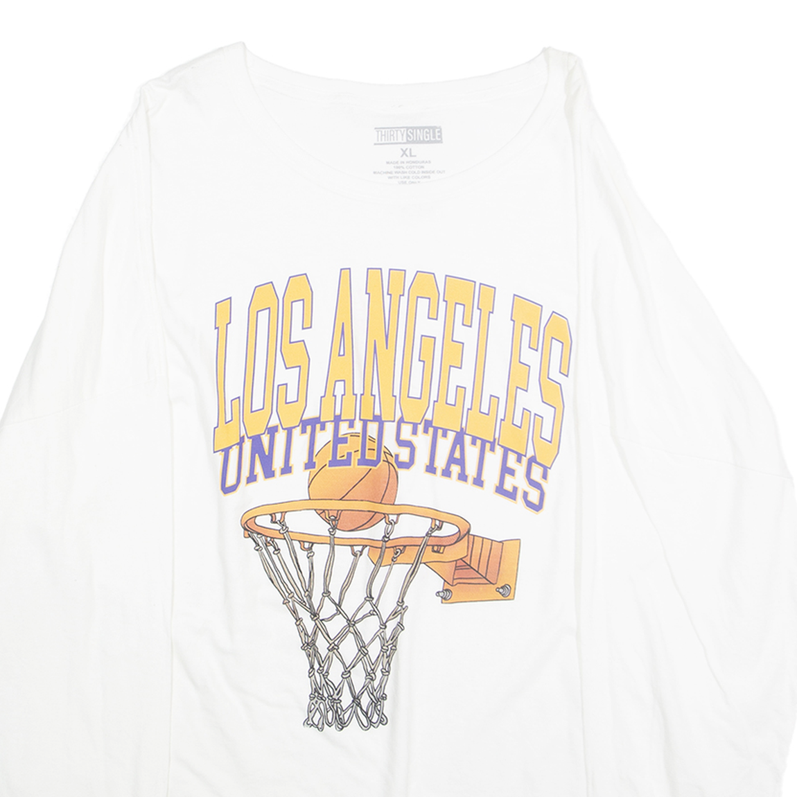 THIRTY SINGLE Mens White Los Angeles Basketball Graphic Long Sleeve Crew Neck XL