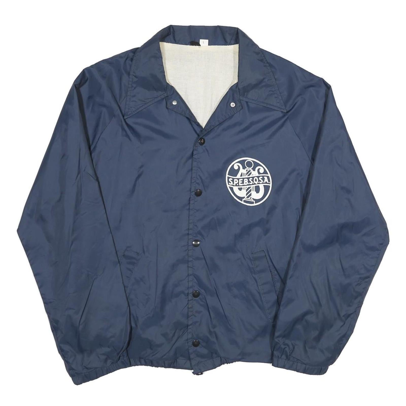 Mens Navy Blue Nylon Jacket L Button Closure Plain Lightweight Casual