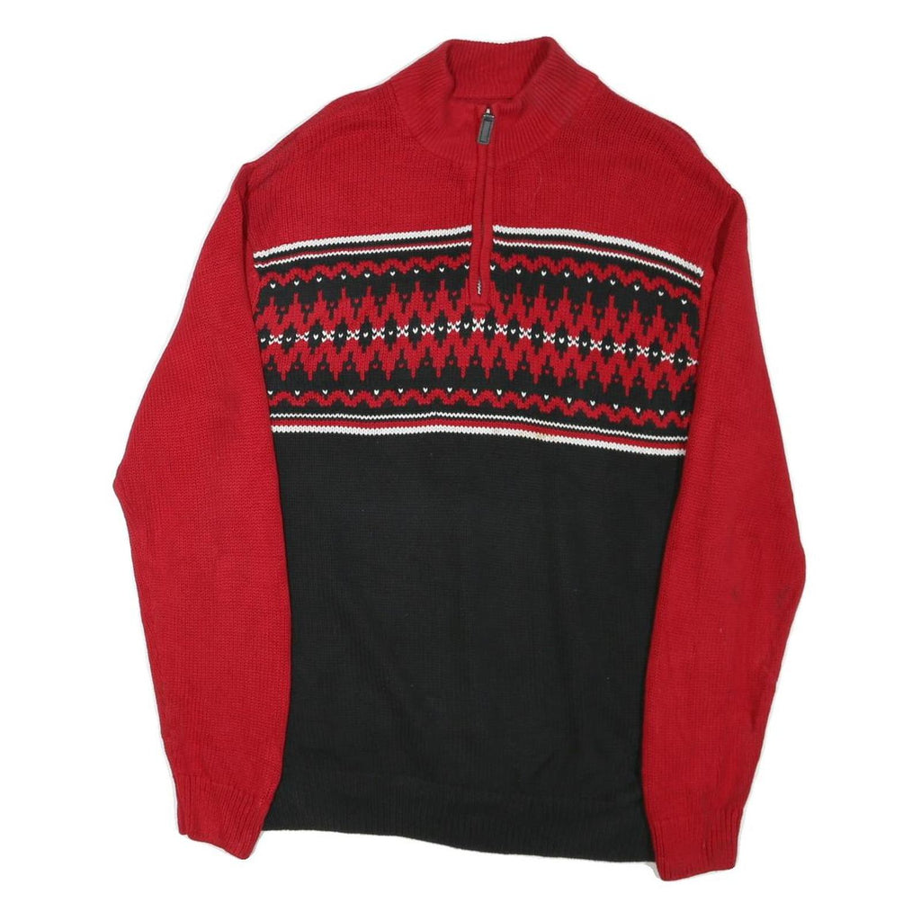 CHAPS Mens Red & Black Patterned Pullover Jumper Half Zip Cotton Blend L
