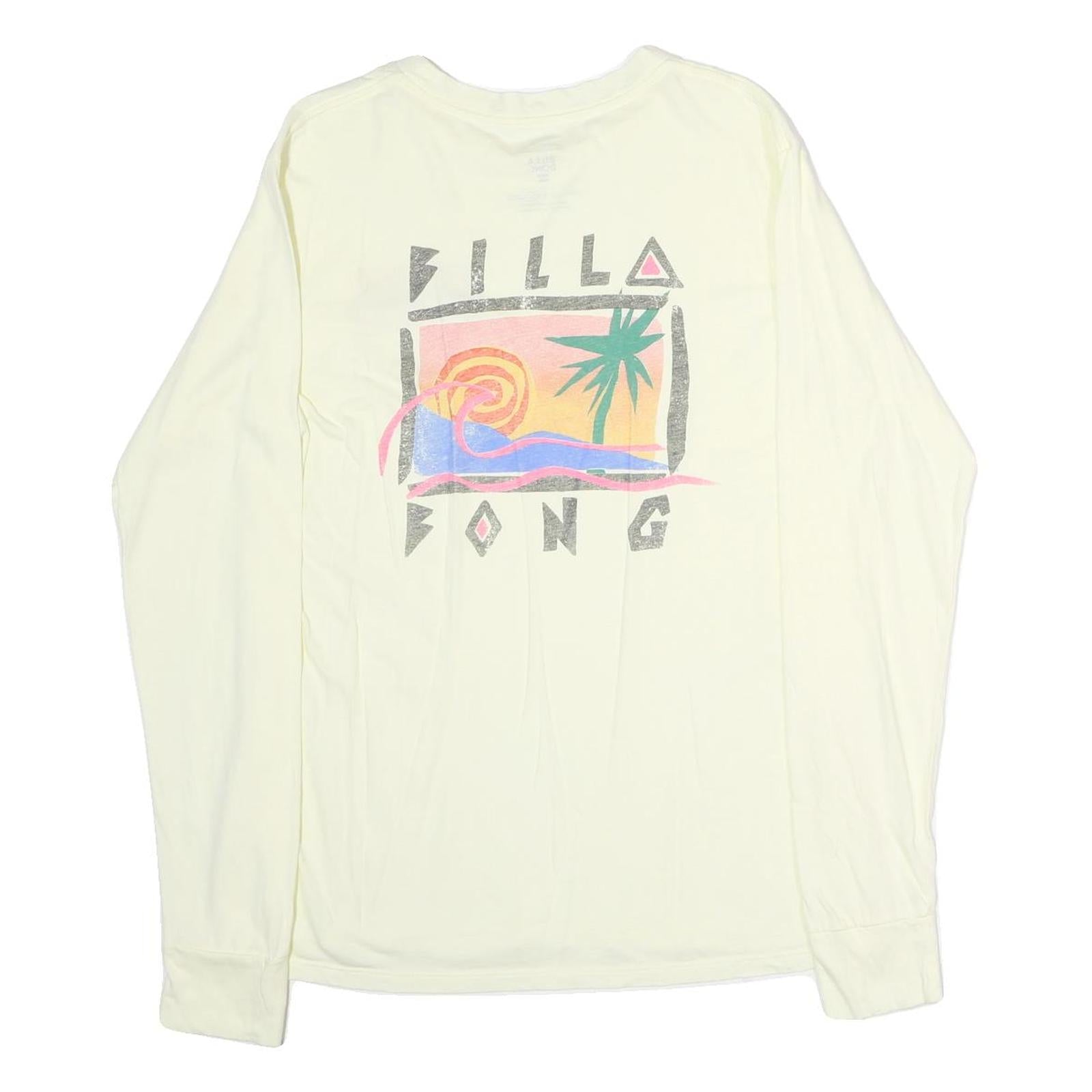 BILLABONG Mens Cream Graphic T-Shirt L Long Sleeve Crew Neck Cotton