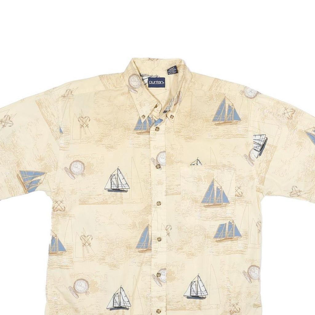PURTIAN Mens Cream & Blue Nautical Print Cotton Shirt M Casual Short Sleeve