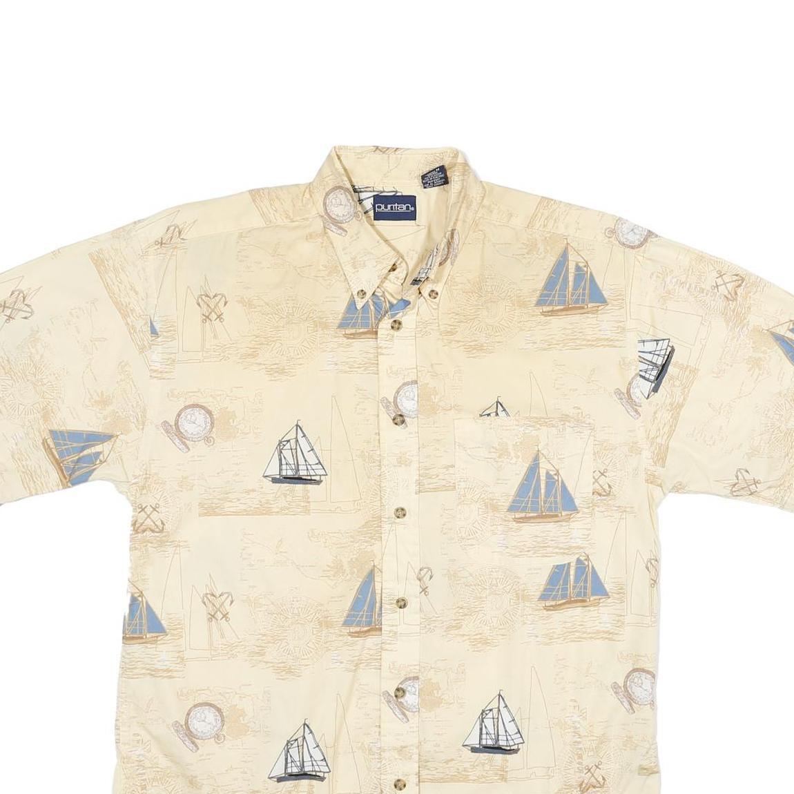 PURTIAN Mens Cream & Blue Nautical Print Cotton Shirt M Casual Short Sleeve