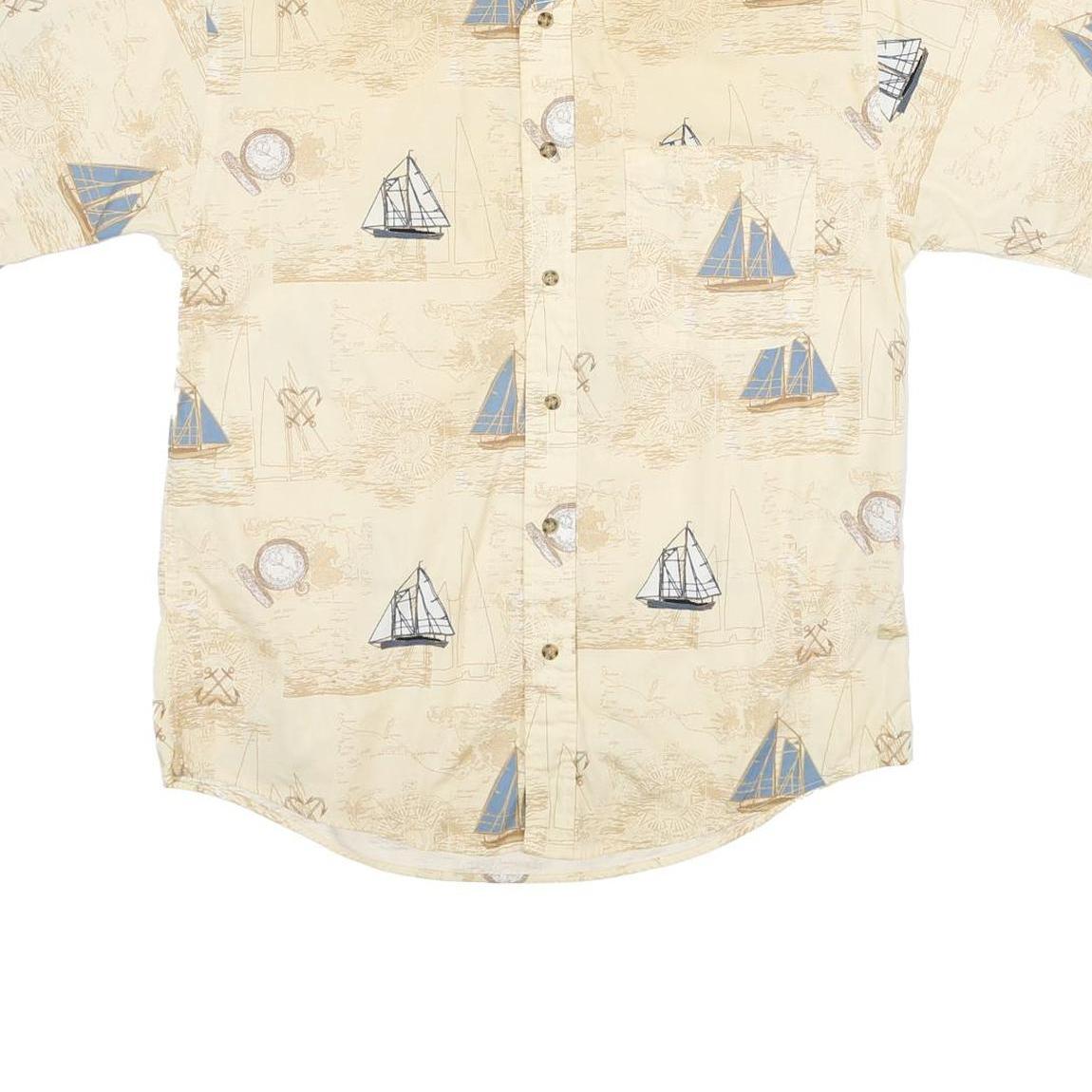 PURTIAN Mens Cream & Blue Nautical Print Cotton Shirt M Casual Short Sleeve