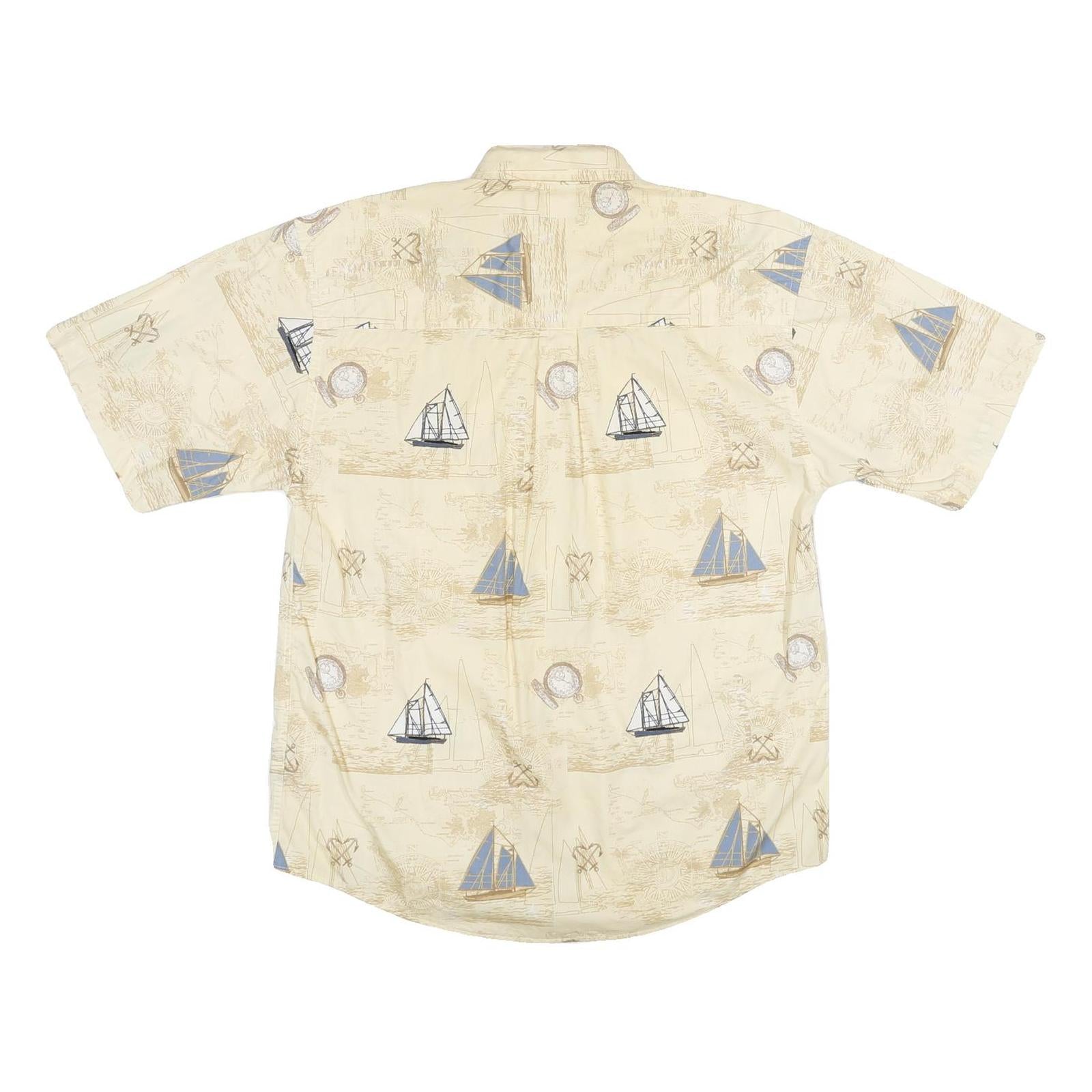 PURTIAN Mens Cream & Blue Nautical Print Cotton Shirt M Casual Short Sleeve