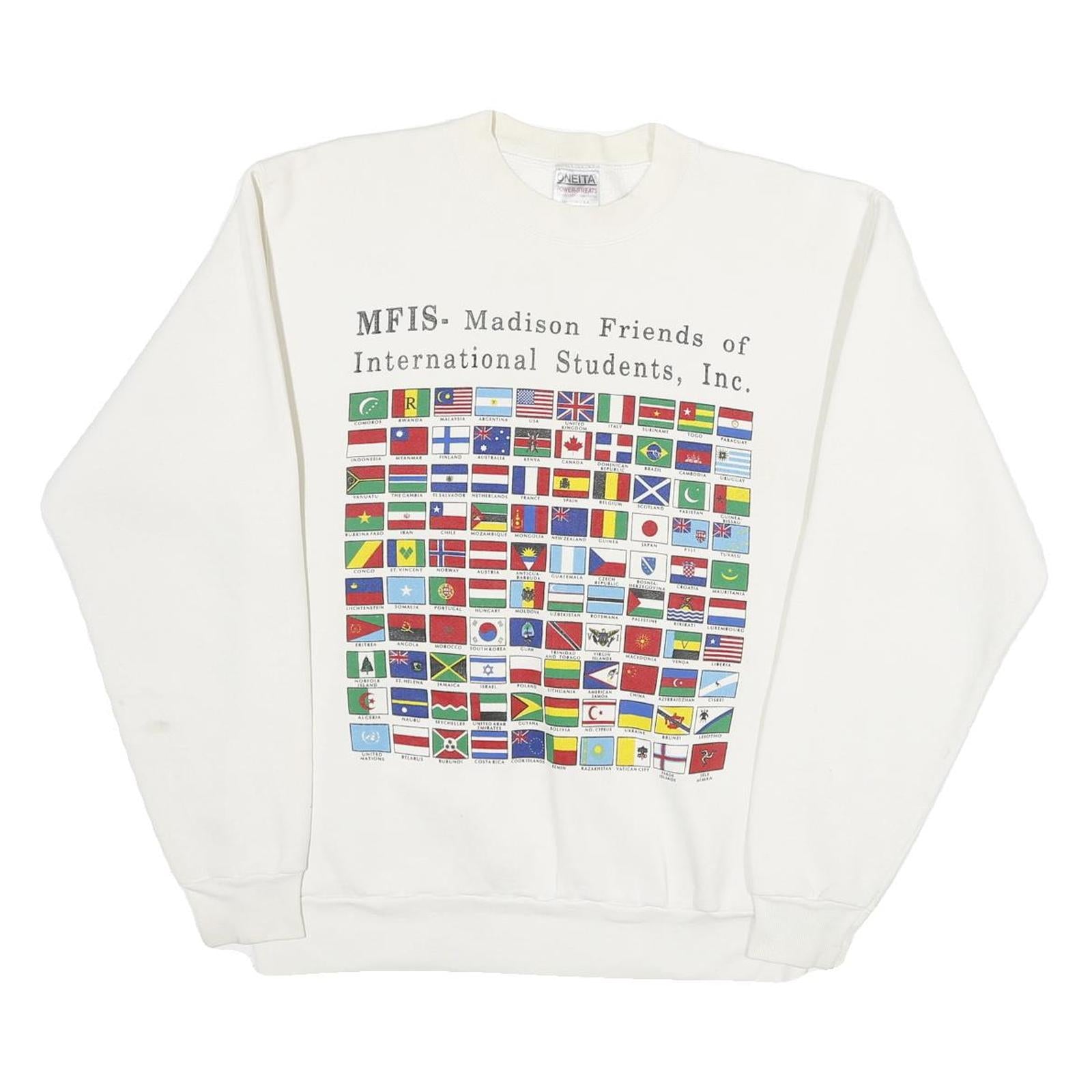 ONEITA Mens White Sweatshirt L Crew Neck Cotton Pullover International Flags