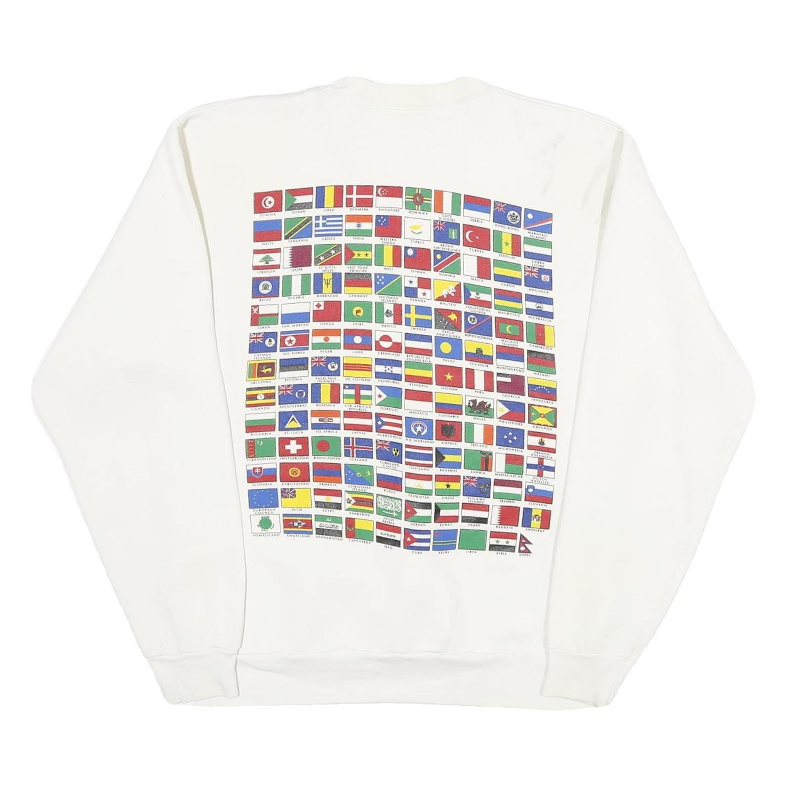 ONEITA Mens White Sweatshirt L Crew Neck Cotton Pullover International Flags