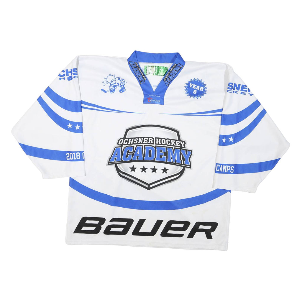 Mens White Blue Ochsner Hockey Academy Graphic T-Shirt XL Long Sleeve V-Neck