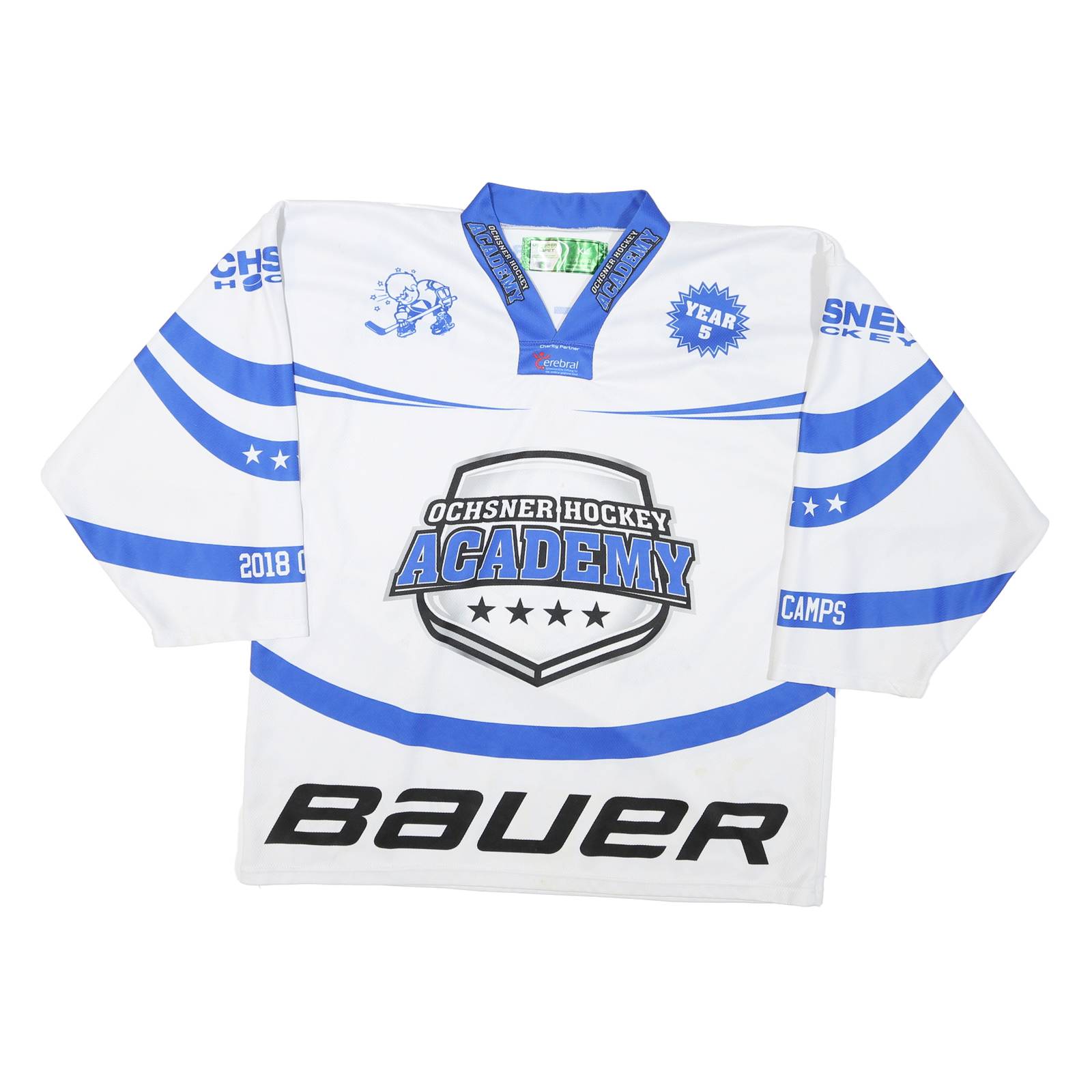 Mens White Blue Ochsner Hockey Academy Graphic T-Shirt XL Long Sleeve V-Neck