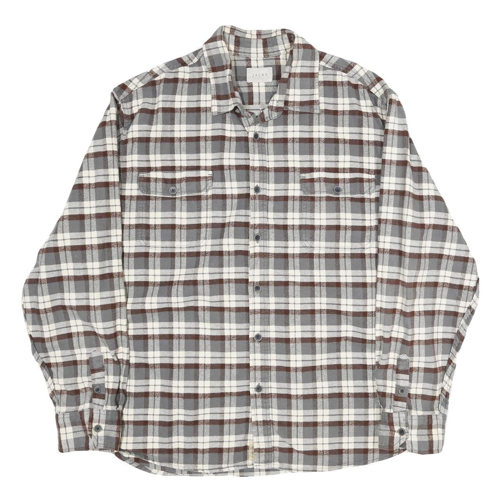 JACHS Mens Grey & Brown Check Shirt 2XL Long Sleeve Cotton Casual Relaxed Fit