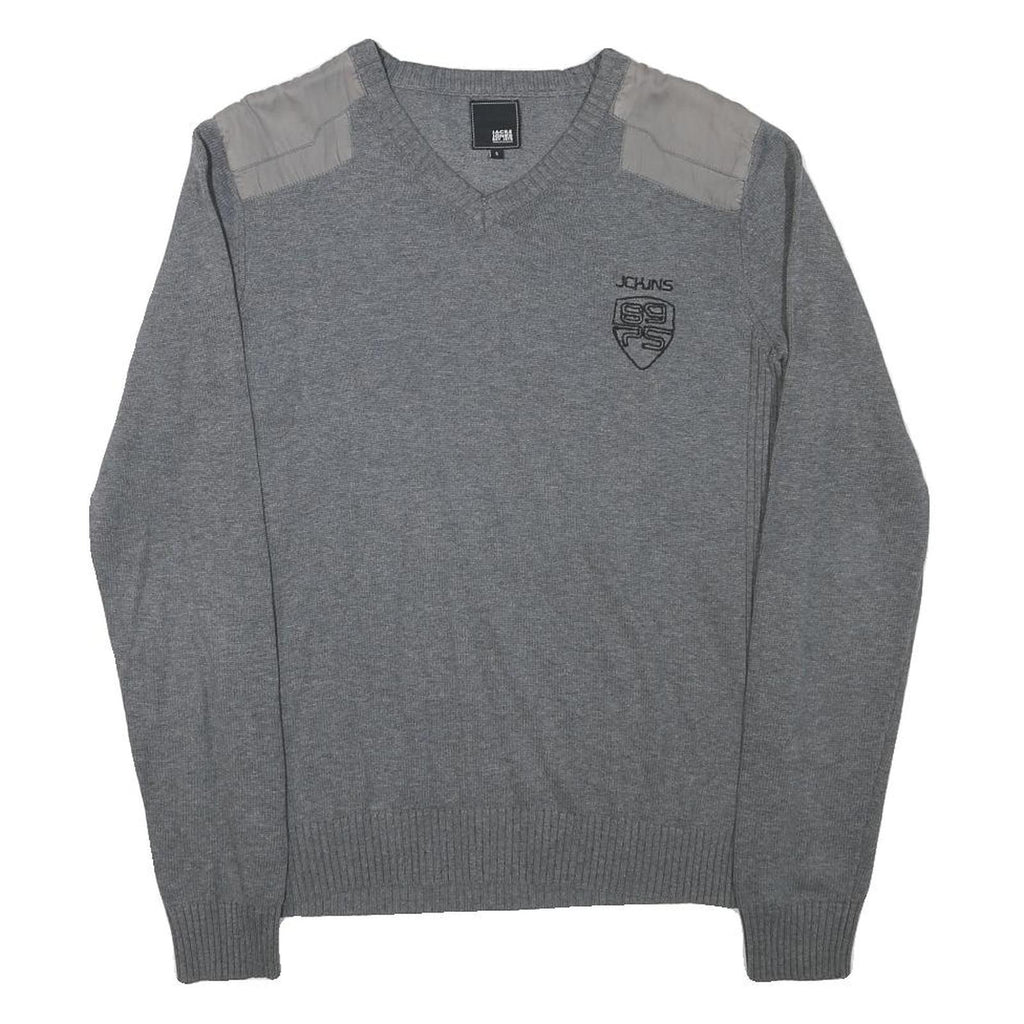 JACK AND JONES Mens Grey Cotton Blend Casual V-Neck Regular Fit Jumper S