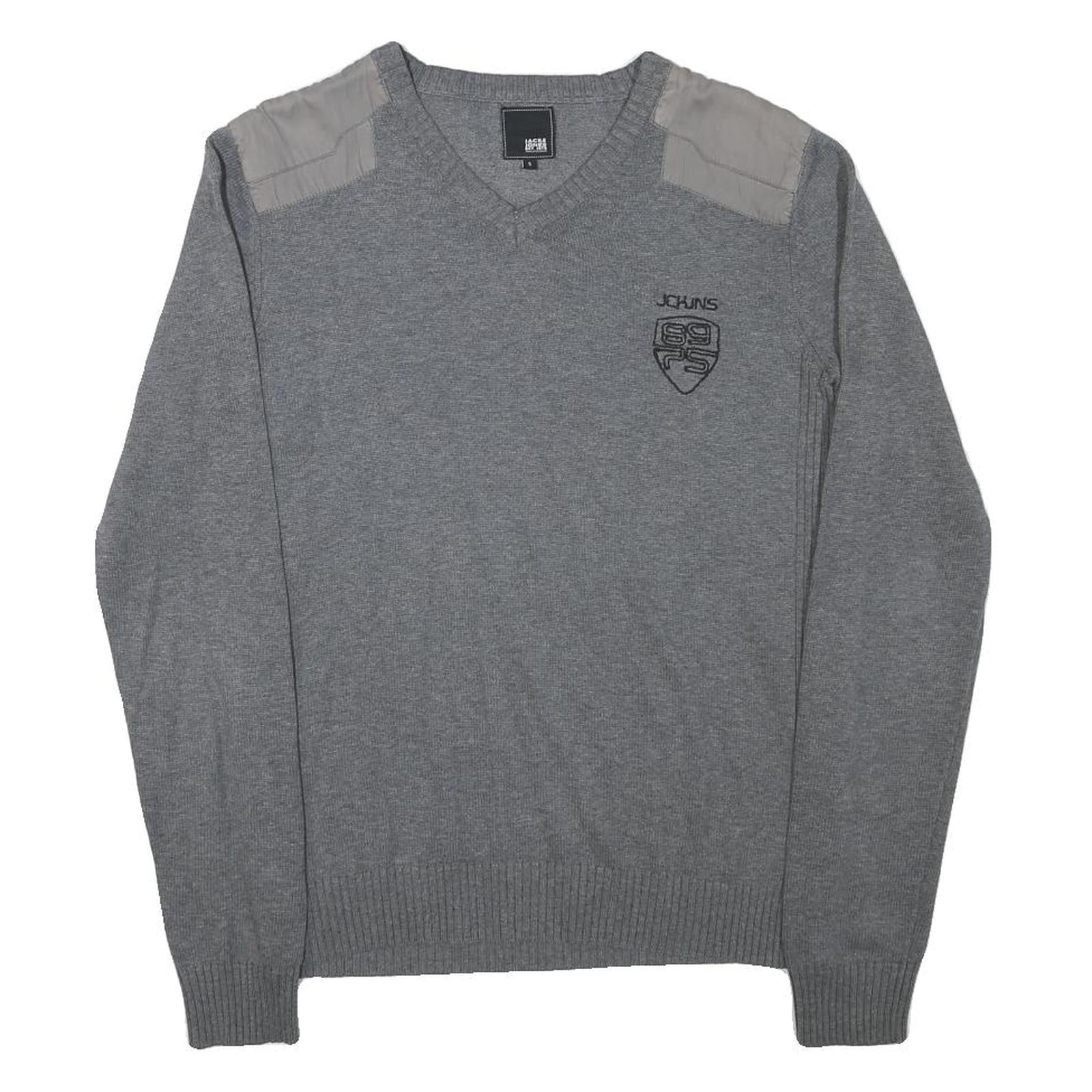 JACK AND JONES Mens Grey Cotton Blend Casual V-Neck Regular Fit Jumper S