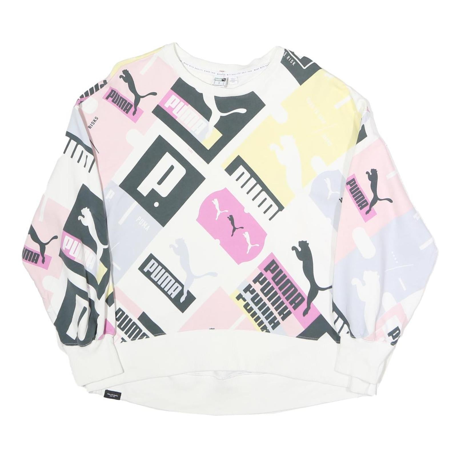 PUMA Womens White & Pastel Logo Print Crew Neck Sweatshirt XS Casual Activewear