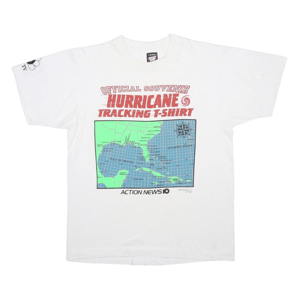 SCREEN STARS BEST Mens White Hurricane Tracking T-Shirt L Short Sleeve Crew Neck