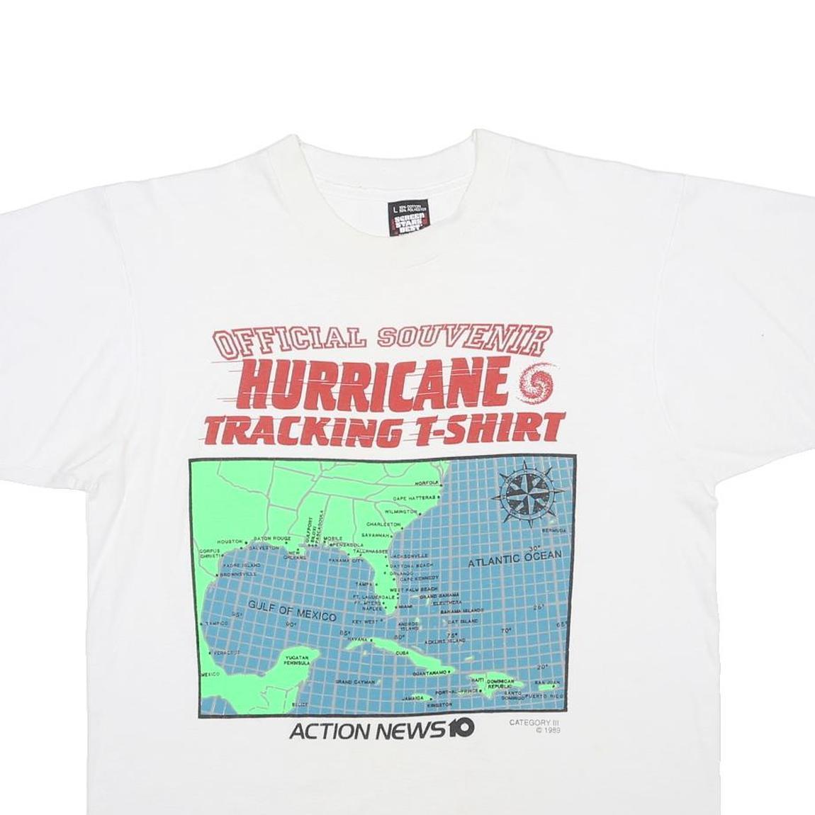 SCREEN STARS BEST Mens White Hurricane Tracking T-Shirt L Short Sleeve Crew Neck