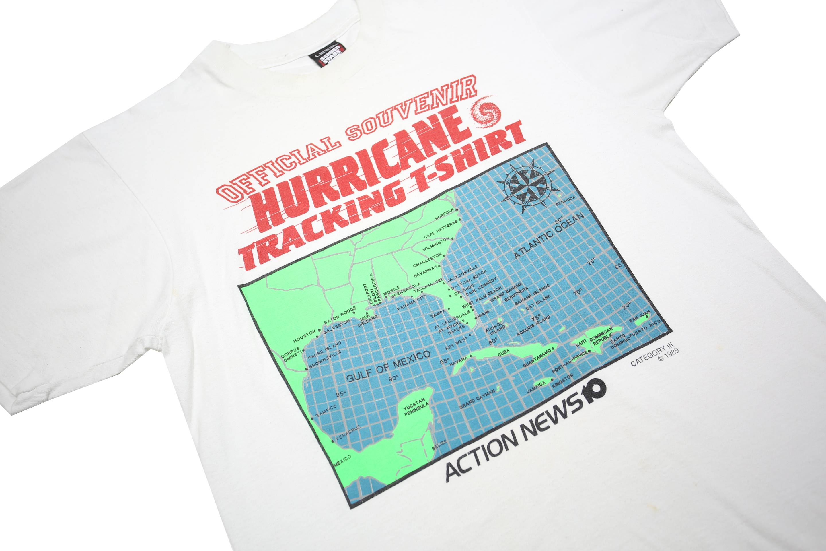 SCREEN STARS BEST Mens White Hurricane Tracking T-Shirt L Short Sleeve Crew Neck
