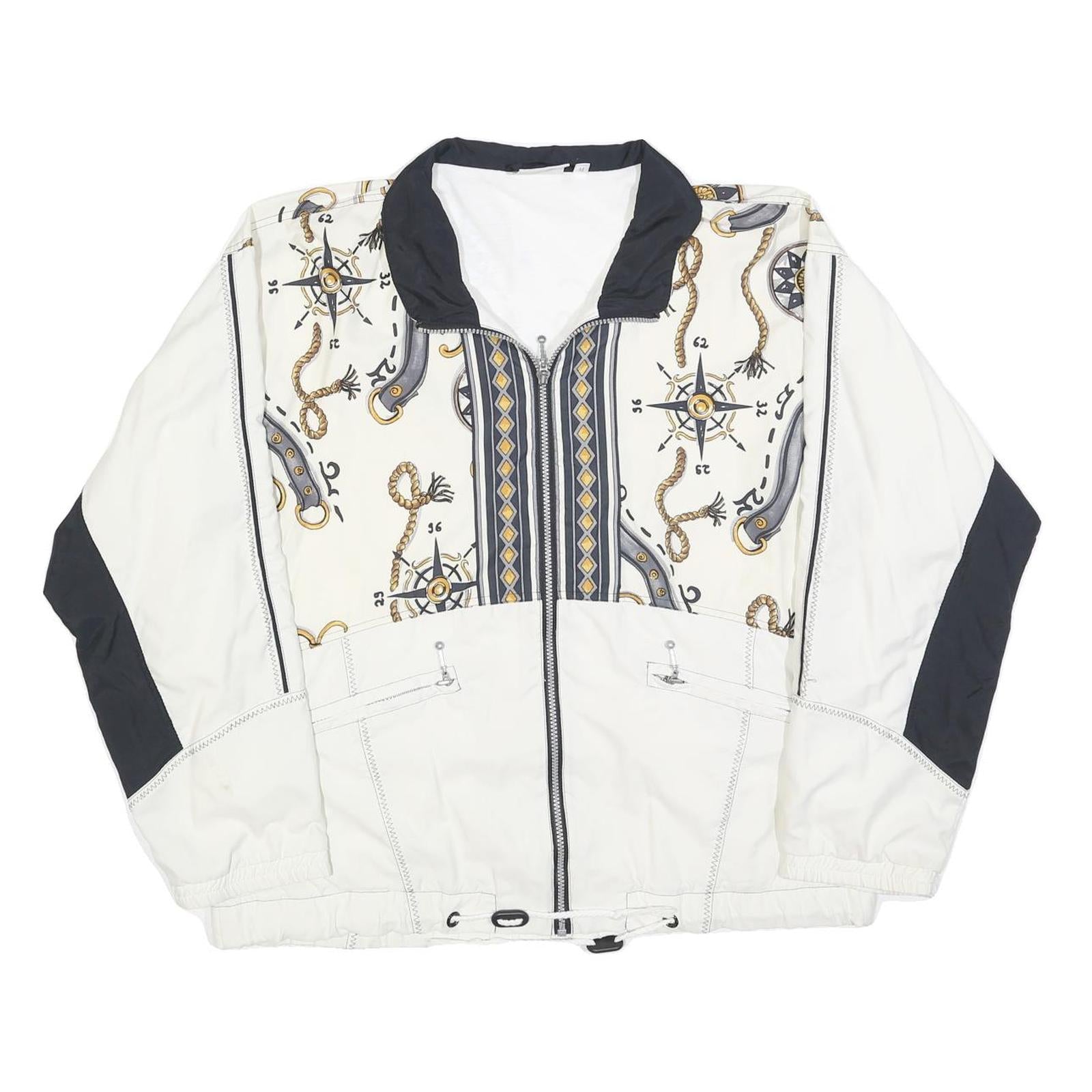 SUNSET Mens White & Black Polyester Blend Zip Jacket M Nautical Print Casual
