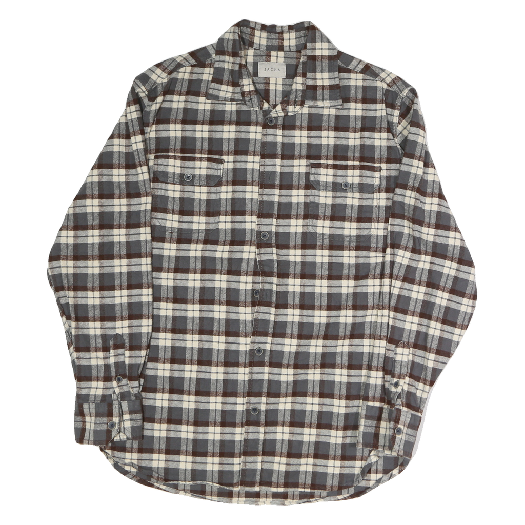 JACHS Mens Grey & Brown Checked Cotton Shirt L Button Closure Long Sleeve Casual