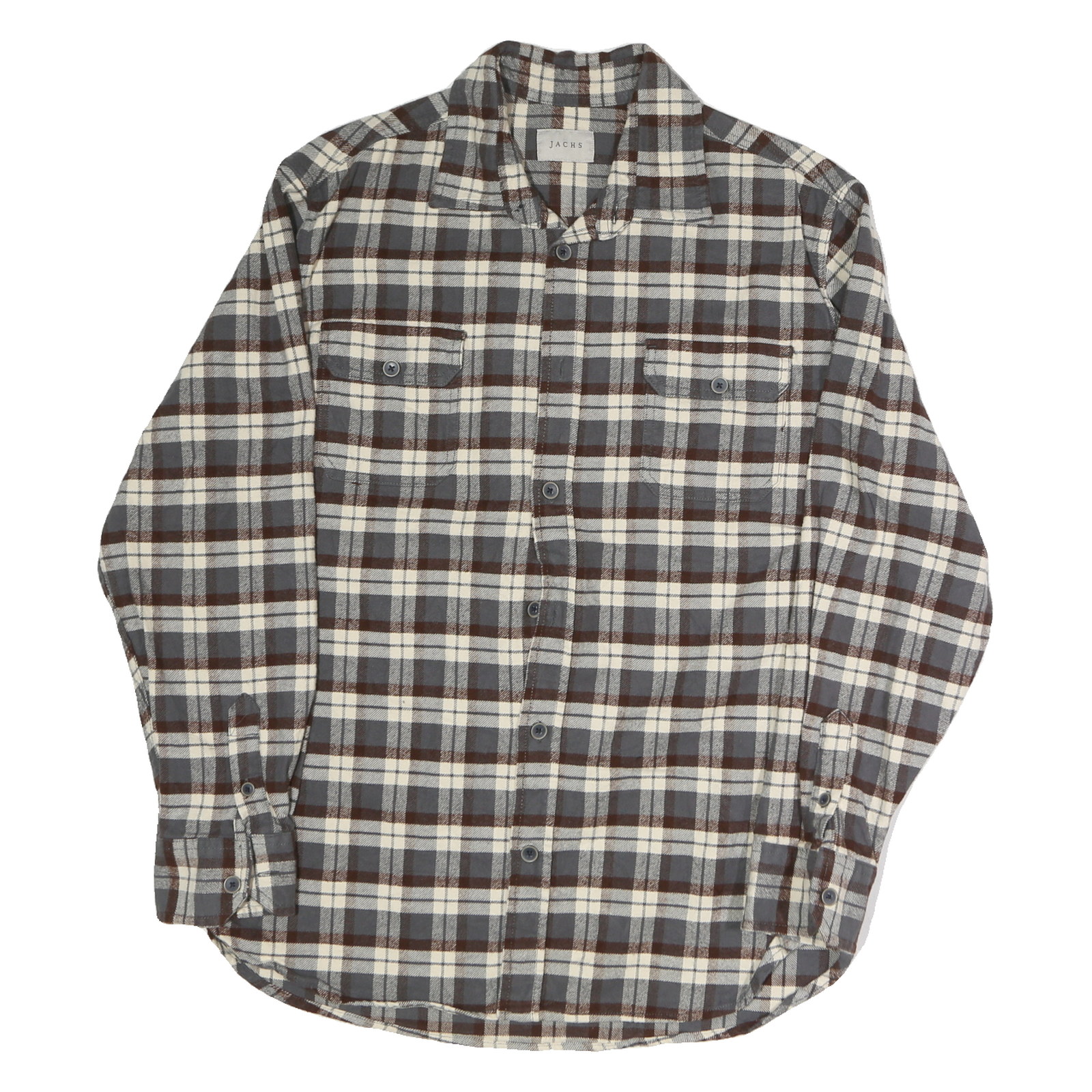 JACHS Mens Grey & Brown Checked Cotton Shirt L Button Closure Long Sleeve Casual