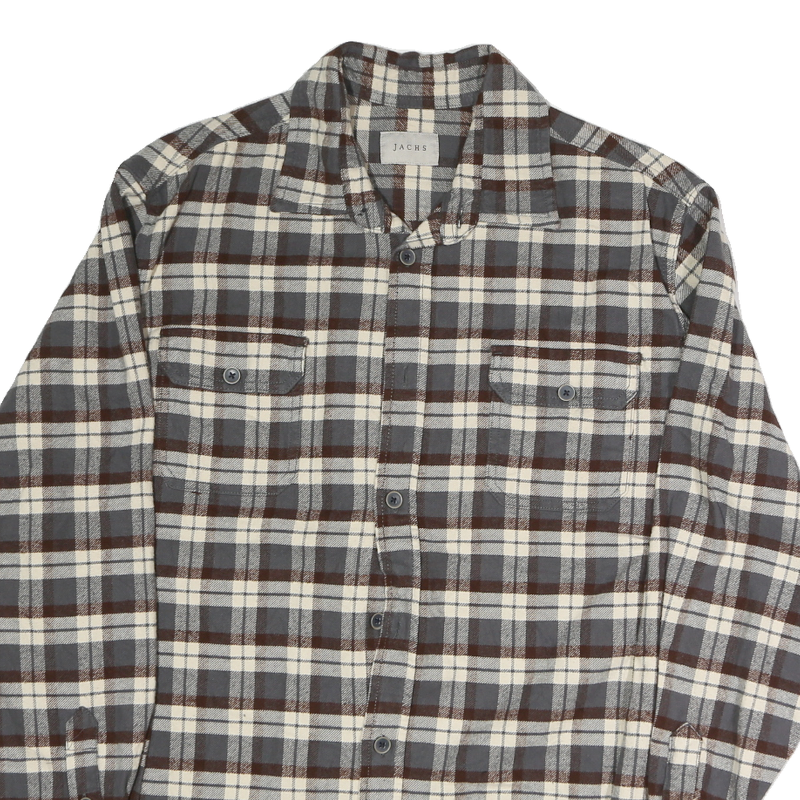 JACHS Mens Grey & Brown Checked Cotton Shirt L Button Closure Long Sleeve Casual
