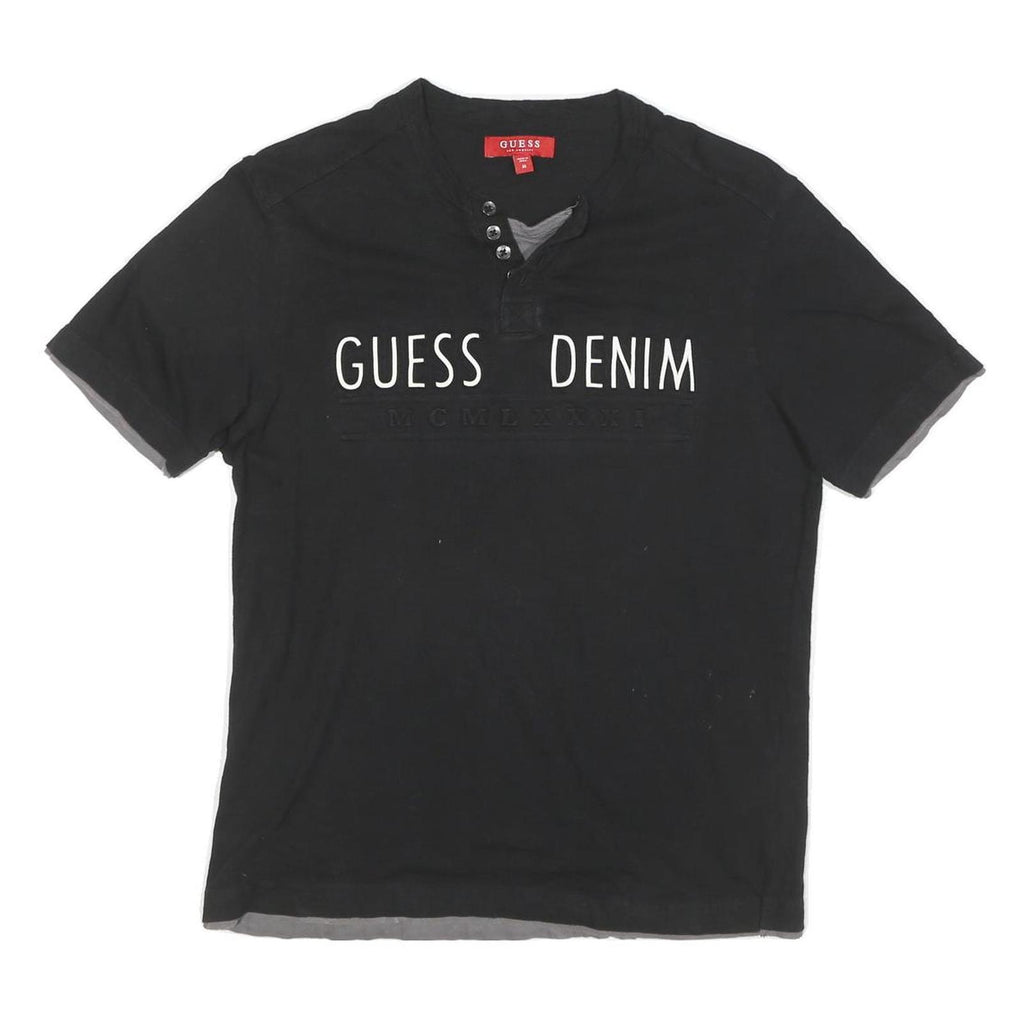 GUESS Mens Black Cotton Blend Graphic T-Shirt M Short Sleeve Henley Neck Casual