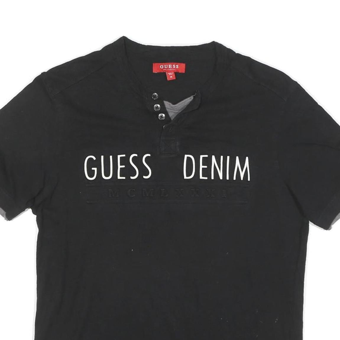 GUESS Mens Black Cotton Blend Graphic T-Shirt M Short Sleeve Henley Neck Casual