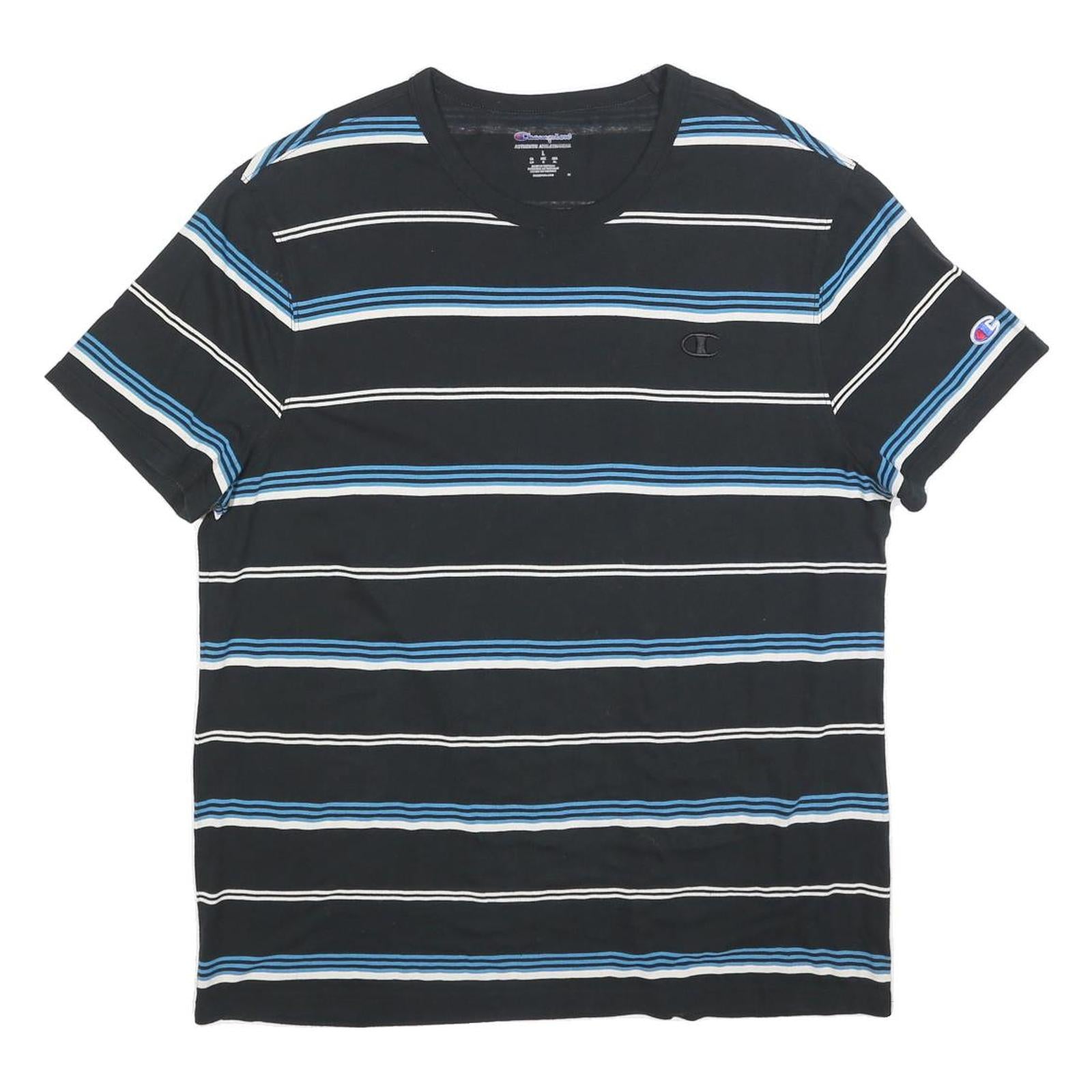 CHAMPION Mens Black & Blue Striped T-Shirt L Short Sleeve Crew Neck Cotton Blend