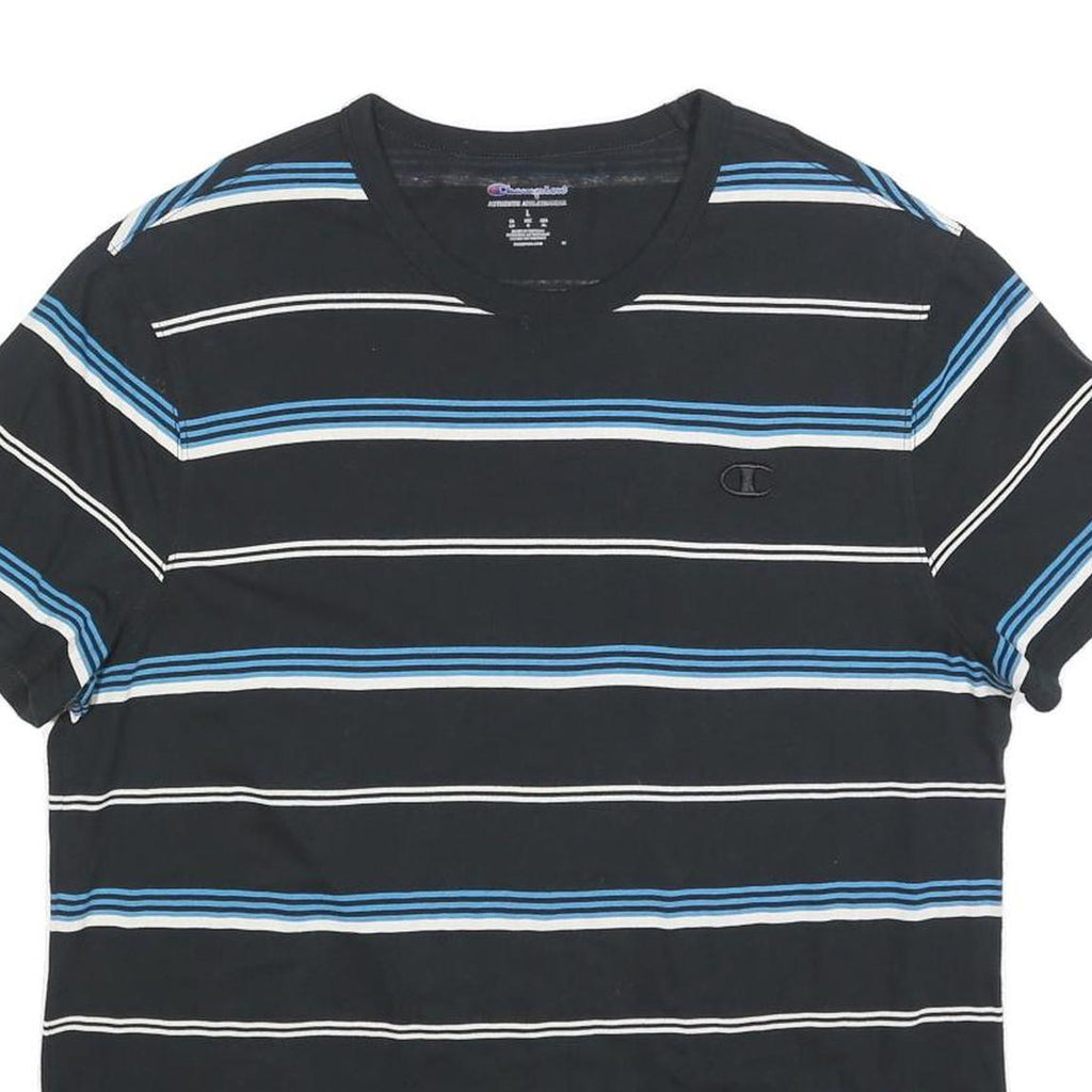 CHAMPION Mens Black & Blue Striped T-Shirt L Short Sleeve Crew Neck Cotton Blend