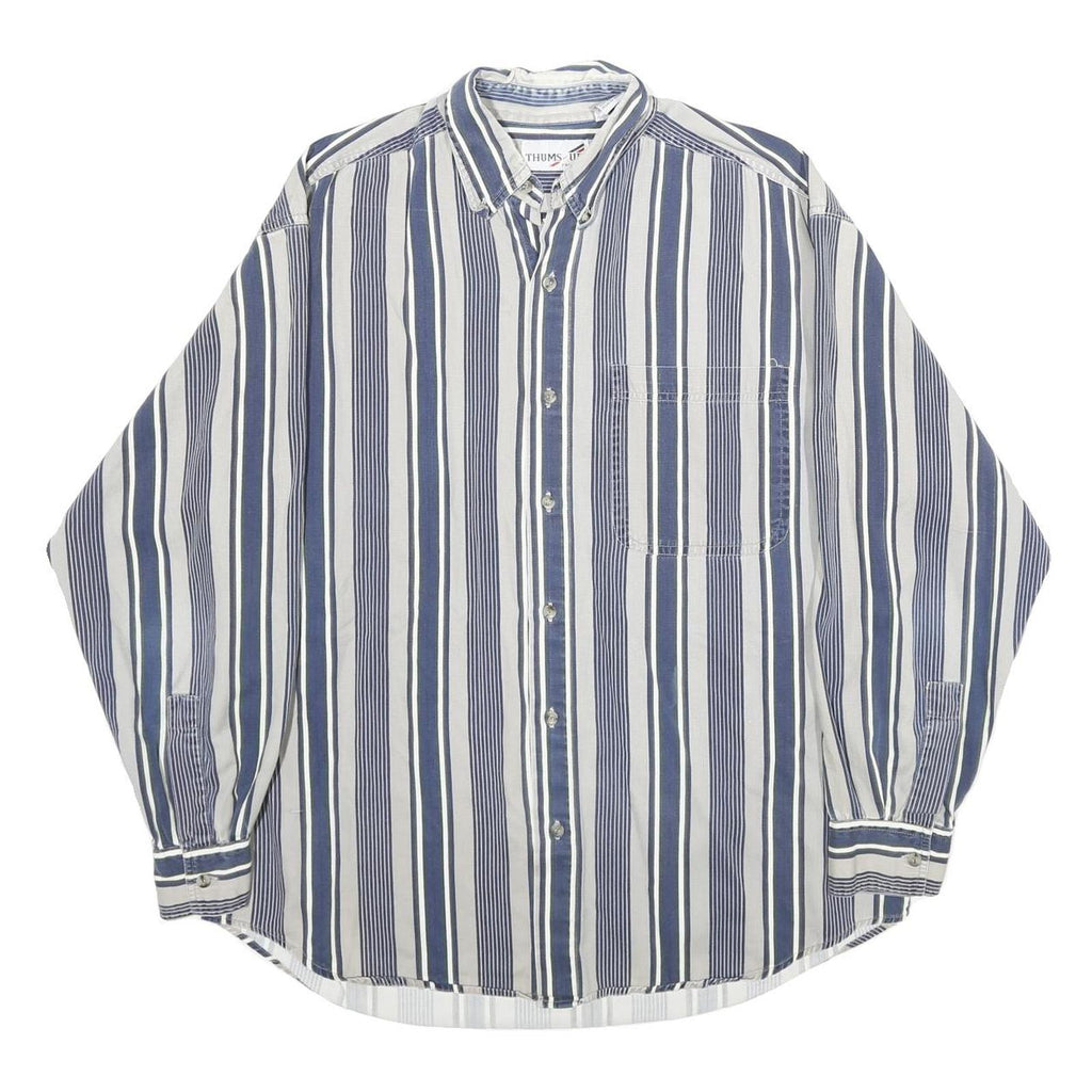 THUMS UP Mens Blue & White Striped Shirt L Cotton Casual Long Sleeve Pocket