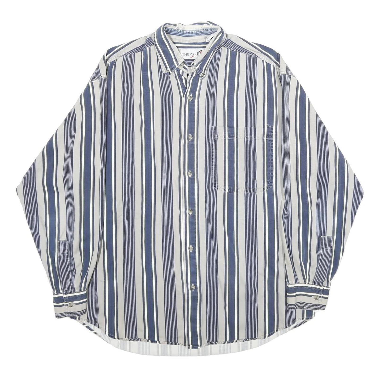 THUMS UP Mens Blue & White Striped Shirt L Cotton Casual Long Sleeve Pocket