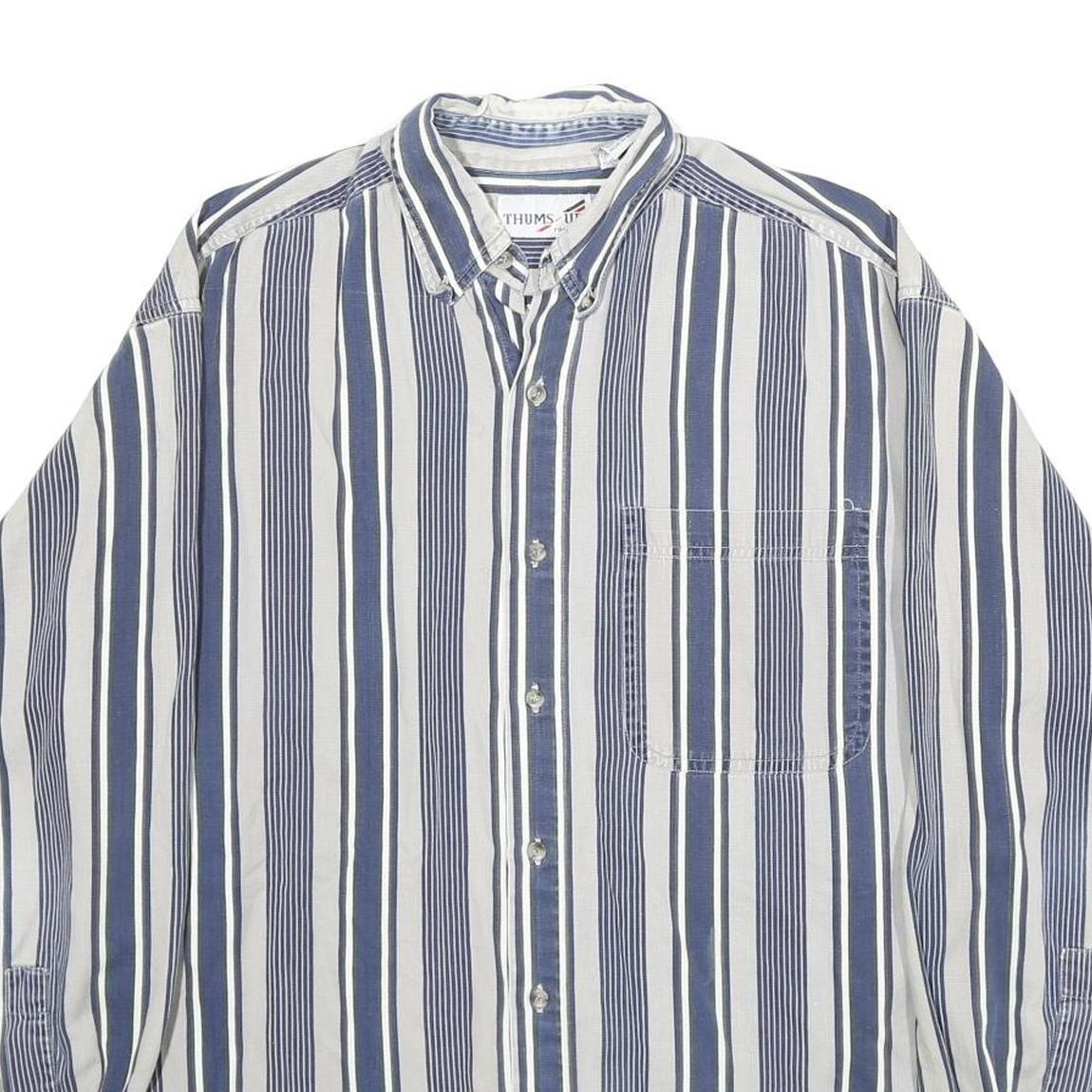 THUMS UP Mens Blue & White Striped Shirt L Cotton Casual Long Sleeve Pocket
