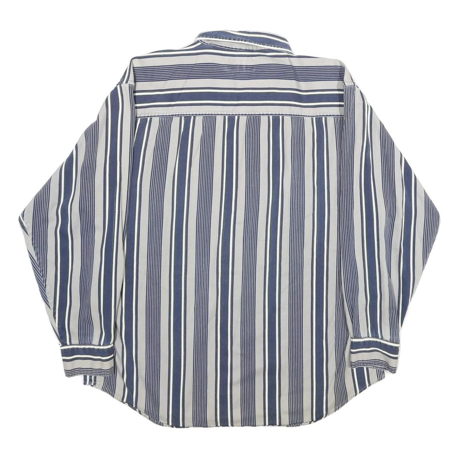 THUMS UP Mens Blue & White Striped Shirt L Cotton Casual Long Sleeve Pocket