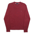 TOMMY HILFIGER Mens Maroon Plain V-Neck Basic Knit Jumper XL Cotton