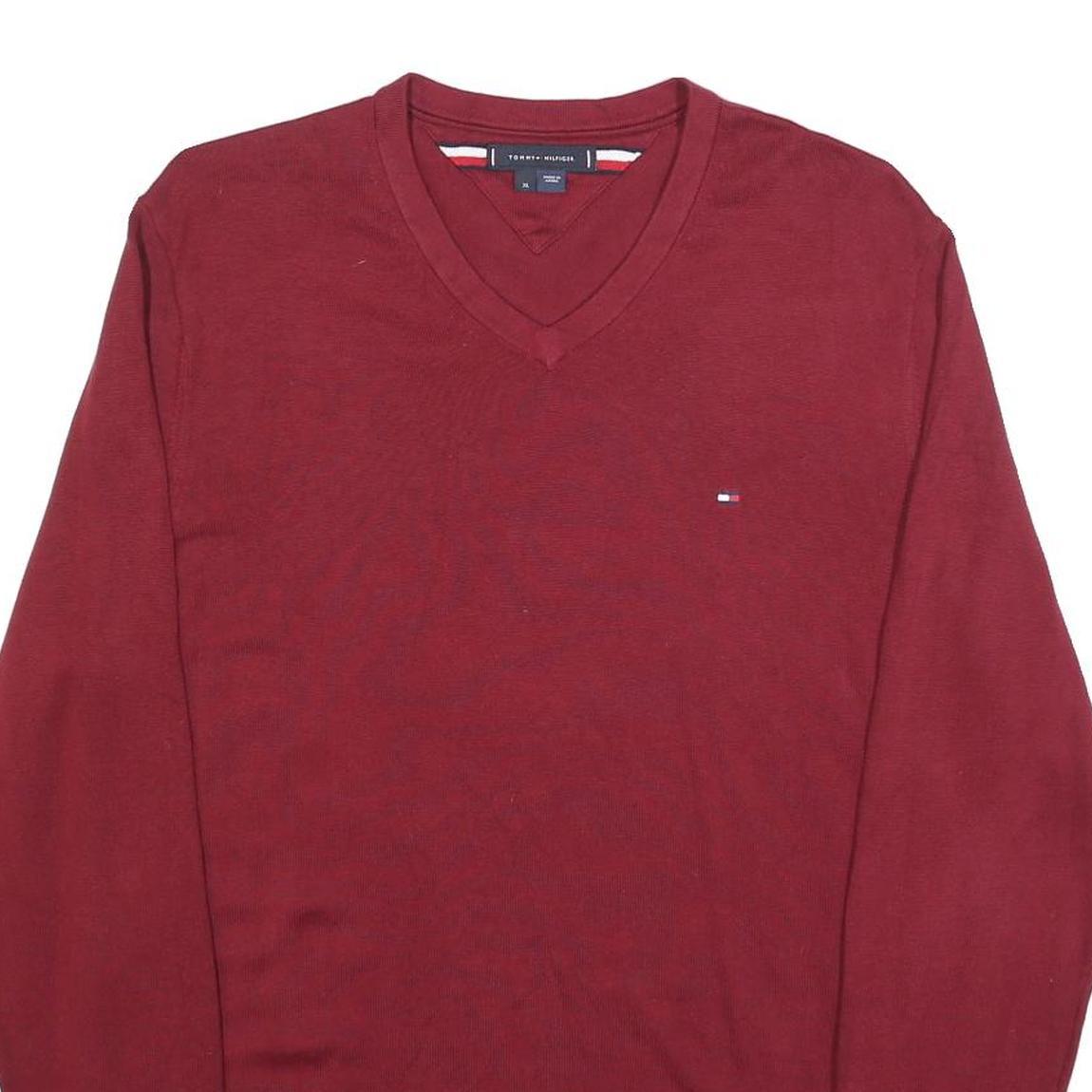 TOMMY HILFIGER Mens Maroon Plain V-Neck Basic Knit Jumper XL Cotton