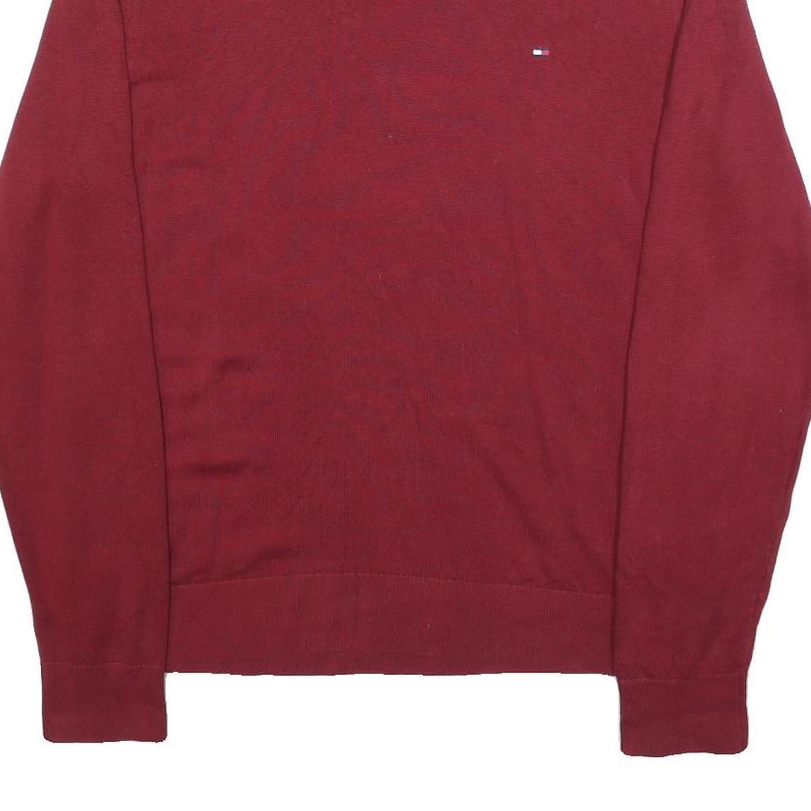 TOMMY HILFIGER Mens Maroon Plain V-Neck Basic Knit Jumper XL Cotton