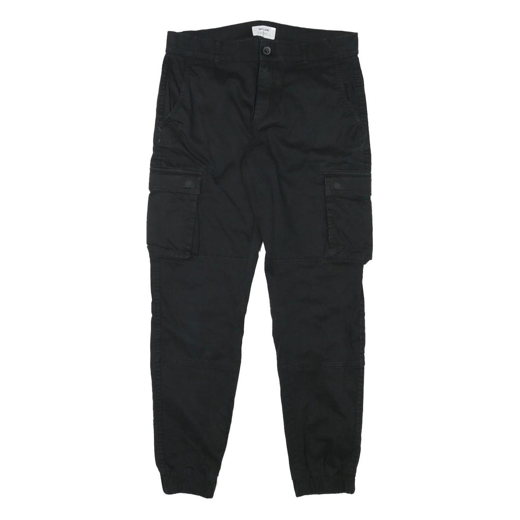 ONLY AND SONS Mens Relaxed Black Cargo Trousers W32 L30 Cotton Blend Zip Pockets