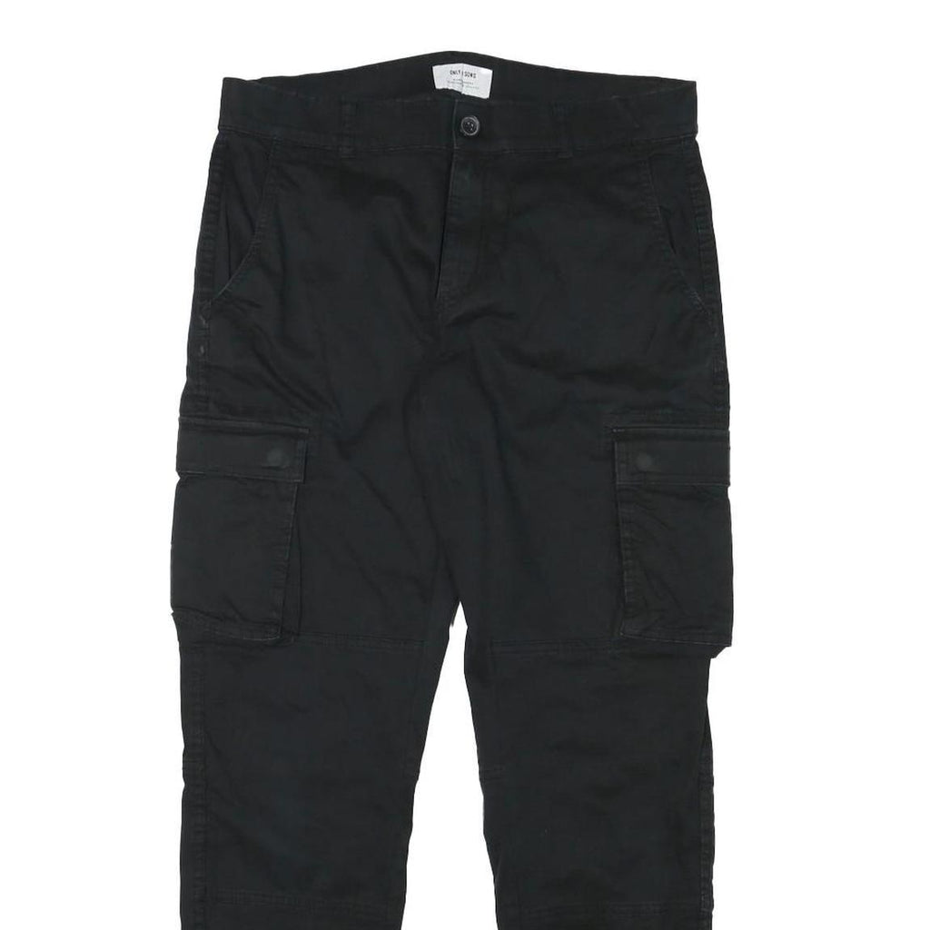 ONLY AND SONS Mens Relaxed Black Cargo Trousers W32 L30 Cotton Blend Zip Pockets