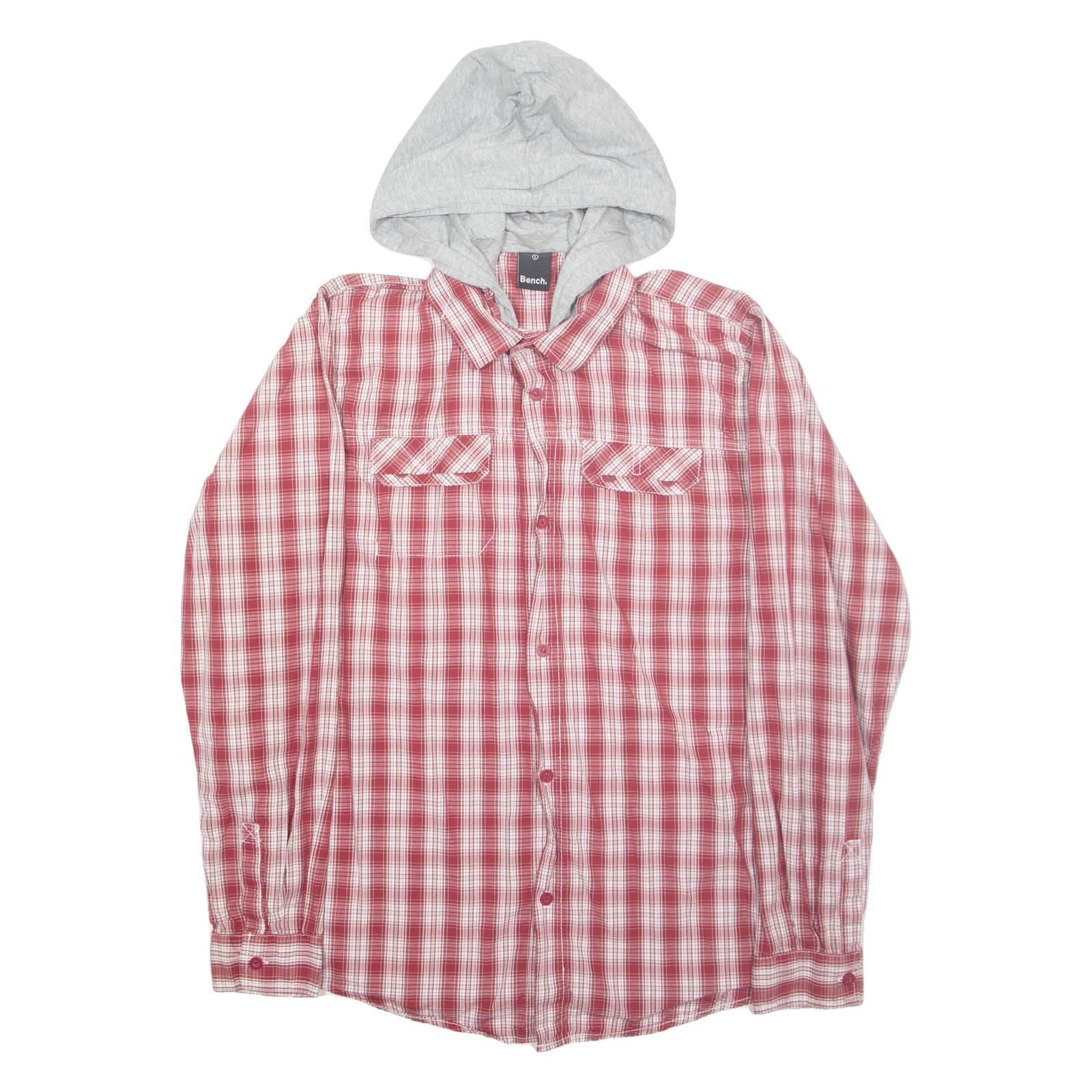 BENCH Hooded Mens Shirt Red Check Long Sleeve L