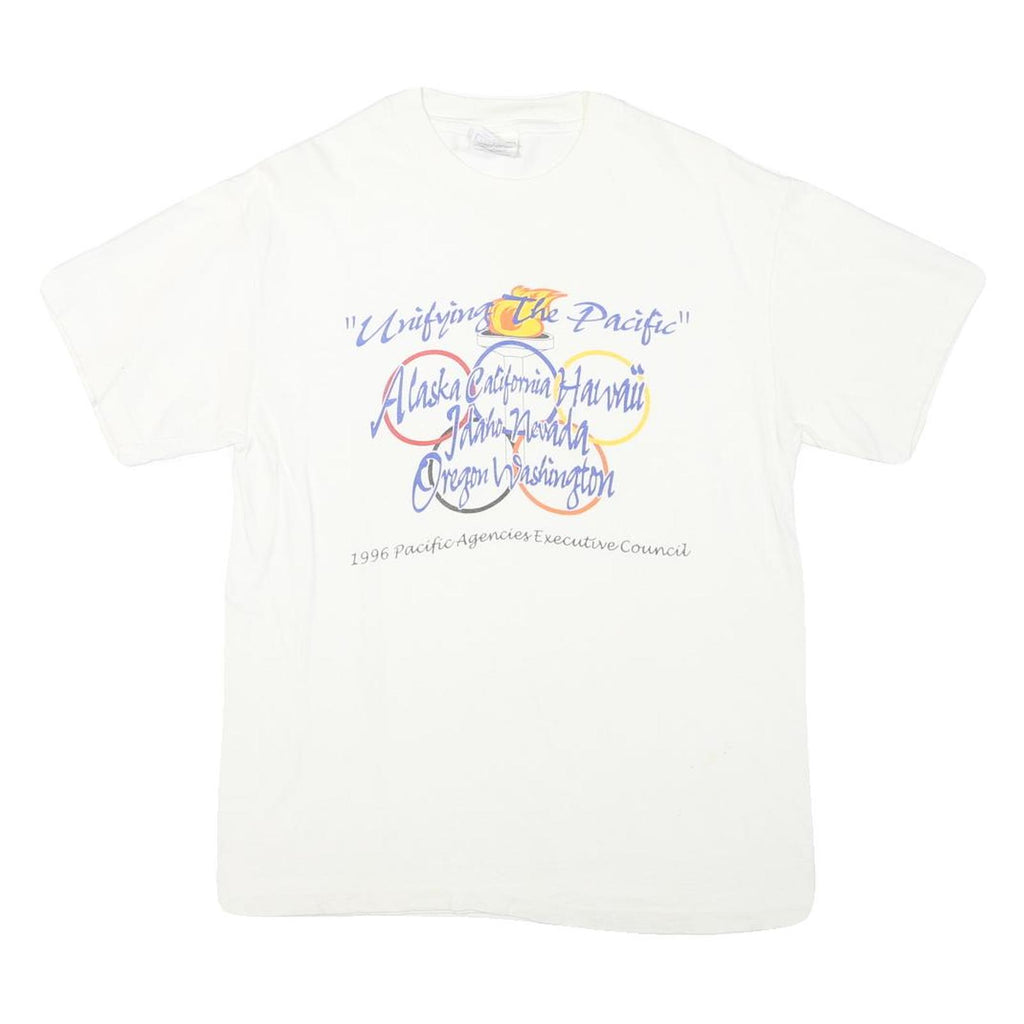 HANES Mens White Graphic T-Shirt M Short Sleeve Crew Neck Pacific Council 1996