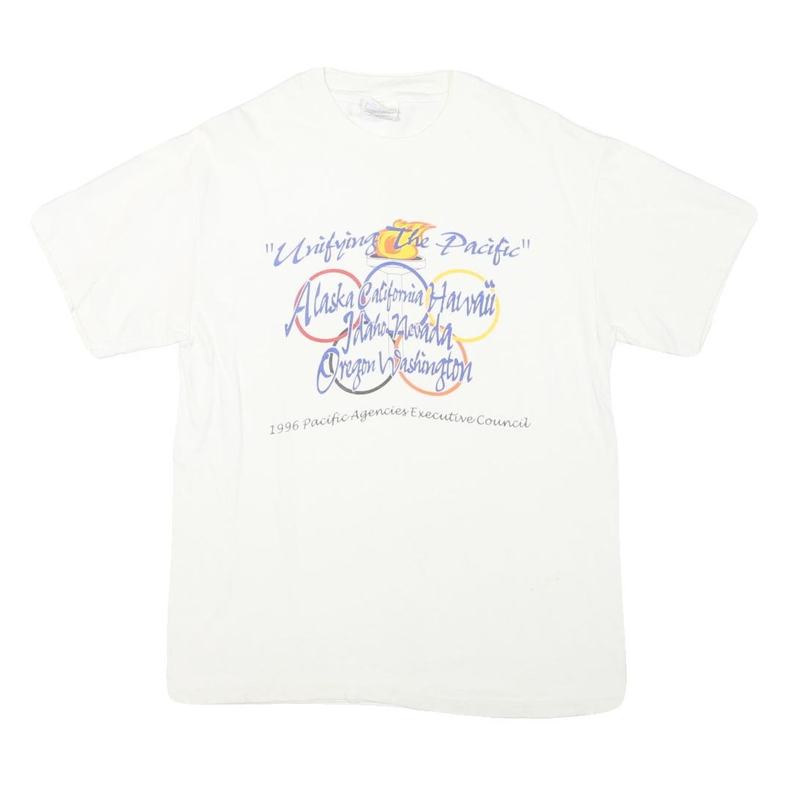 HANES Mens White Graphic T-Shirt M Short Sleeve Crew Neck Pacific Council 1996